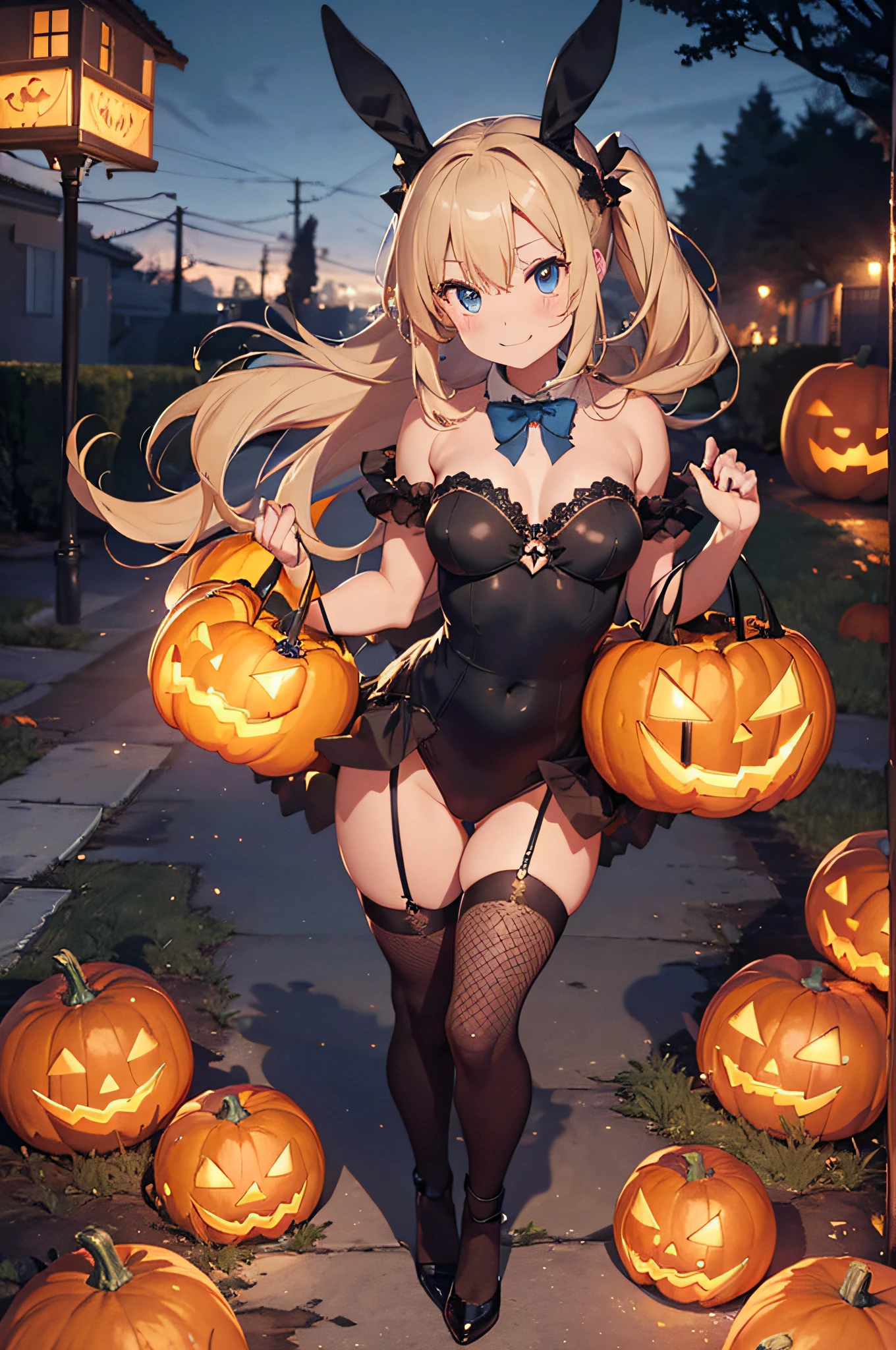 (Official art、Best Quality、Unity 8k Wallpapers、32K、masterpiece、ultra-detailliert、超A high resolution、realisitic、Photorealsitic:1.2)、(Cinematic lighting:1.2)、Fireglow effect、film grains、Best Shadows、(Ultra-detailed and complex 3D rendering)、Detailed beautiful face and eyes、A slender、Medium bust、(Full body:1.2)、 Highly detailed background、(super detailed skin、detailed skin textures:1.3)、(Close-up of a group of carved pumpkins in the park, jack-o-lanterns, Pumpkin glowing under the tree, Halloween atmosphere, Halloween Scene, jack - o'- lantern, pumpkins, Evil spirits walk around with lanterns, halloween celebration, Halloween, Spooky and scary atmosphere, halloween theme, Halloween Decorations, halloween night, shutterstock, trick or treat, edited)、shinny skin, 20-year-old beauty、Beautiful wavy platinum blonde hair、 Blue eyes、beauitful face、Playboy Bunny Girl、High-cut leotards、a bow tie、Cuffs、Wearing fishnet stockings、Black rabbit ears、With a rabbit tail in the ass,,,、Smiling smile、Holding a haunted pumpkin in both hands
