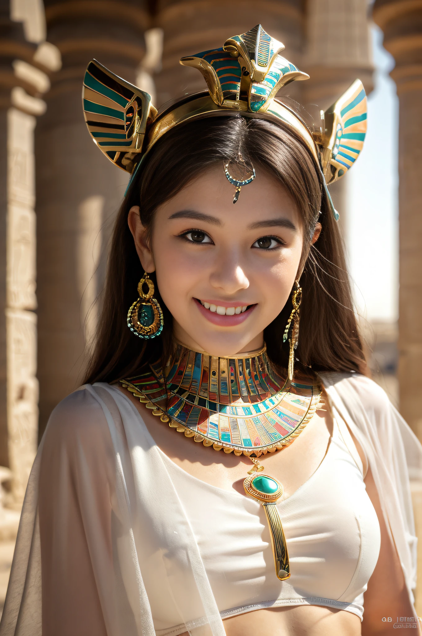 (((ancient egyptian Kalasiris))),(((ancient egyptian queen headpiece))),(((bib necklace))),(((bare inner thigh))),(((bangle))),(((ancient egypt traditional white sheer fabric cape))),ulzzang-6500-v1.1, (Raw photo:1.2), (Photo realistic:1.4), a beautiful detailed girl, extremely detailed eye and face, beautiful detailed eyes, ultra-detailed, High resolution, top-quality, masterpiece, highly detailed, 8k wallpaper, Wonderful, finely detail, top-quality, Light on the face,电影灯光,1girl in,(ancient egypt pyramids and sphinx),Beautiful eyes,smile,Opening Mouth