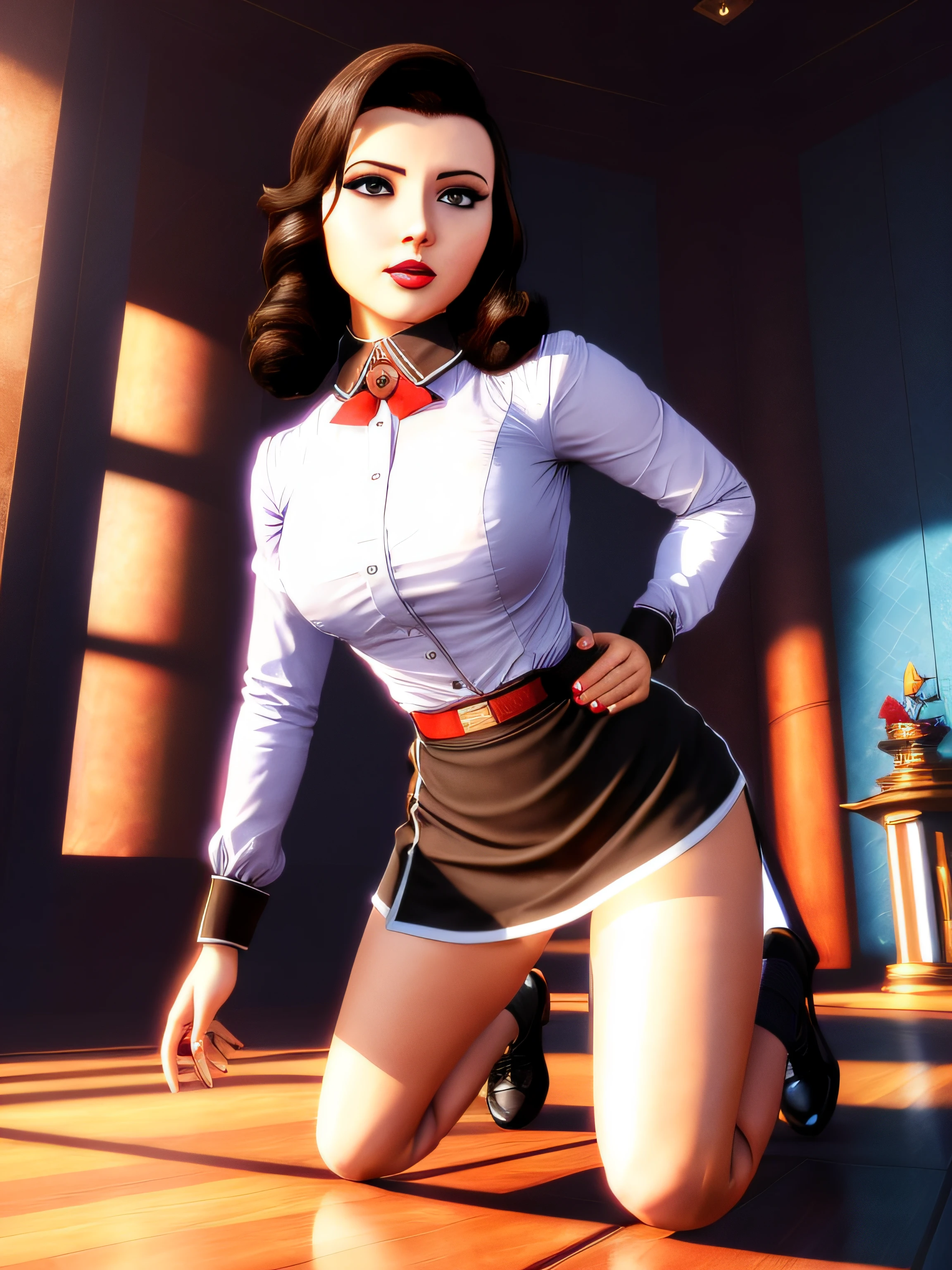 Elizabeth comstock, (heroine uniform: 2), serious look, epic pose, heroic, red lipstick, (8k, RAW photo, best quality, masterpiece:1.2),ultra-detailed, (high detailed skin:1.2), 8k uhd, dslr, soft lighting, high quality, black skirt, upskirt, (down on all fours: 2), (aroused: 2), (lifting her skirt: 2), (kneeling: 1.2), (: 2.5), biting lip, moaning, sex, doggystyle, , naked male, ,