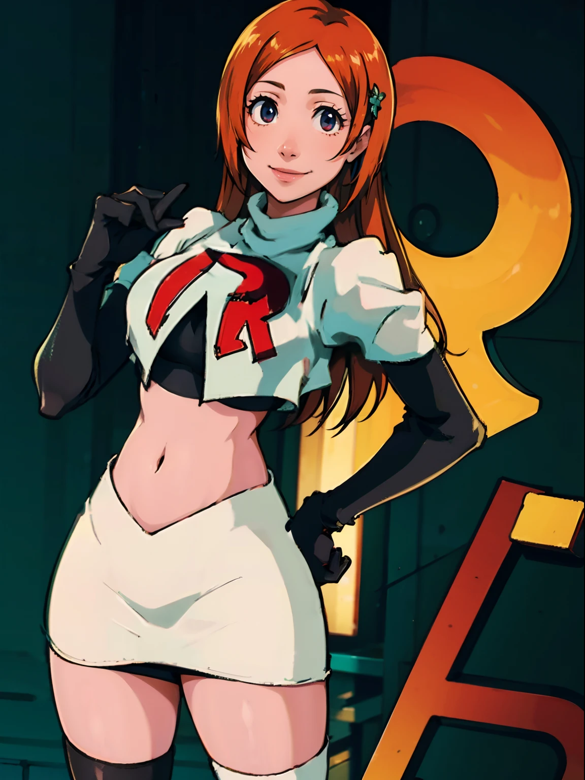 face of orihime,1girl,team rocket,team rocket uniform, red letter R, white skirt,white crop top,black thigh-highs,black elbow gloves, smile , one hand on hip