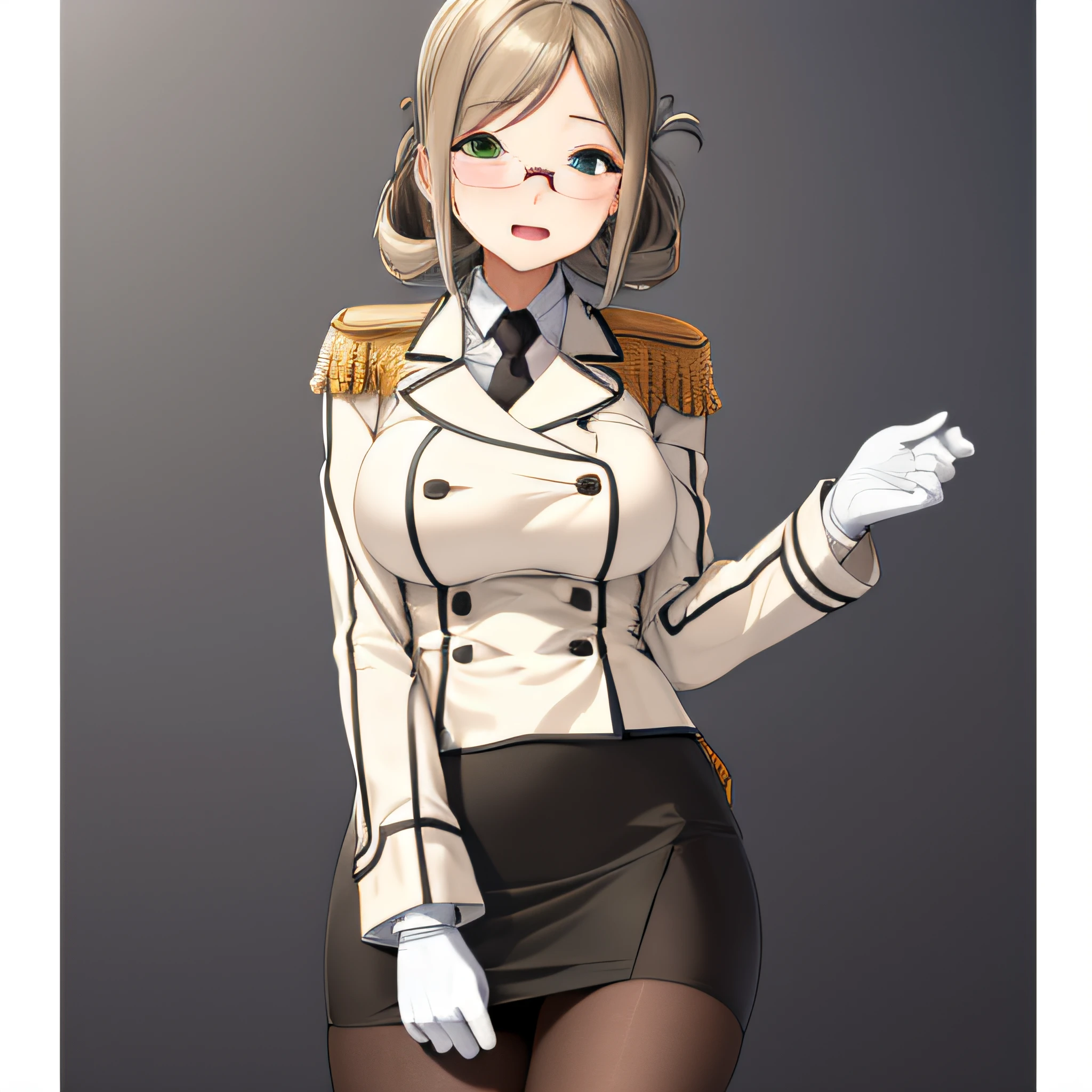 (masterpiece, best quality:1.2),illustration,8k,hd,1girl,solo,upper body,portrait,katori \(kancolle\),light brown hair,folded ponytail,parted bangs,green eyes,glasses,rimless eyewear,military uniform,white jacket,epaulettes,black necktie,white gloves,grey skirt,miniskirt,pencil skirt,black pantyhose,