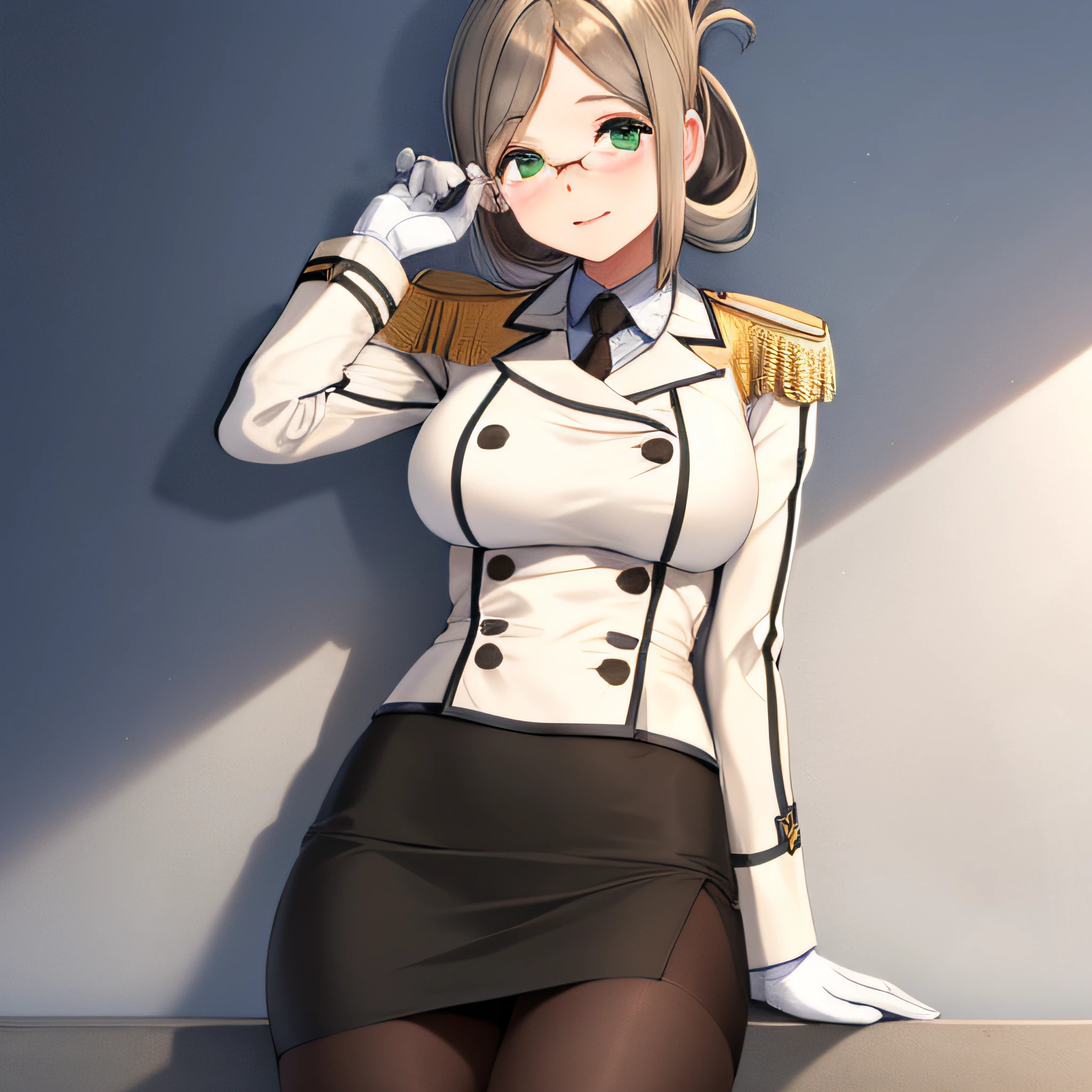 (masterpiece, best quality:1.2),illustration,8k,hd,1girl,solo,upper body,portrait,katori \(kancolle\),light brown hair,folded ponytail,parted bangs,green eyes,glasses,rimless eyewear,military uniform,white jacket,epaulettes,black necktie,white gloves,grey skirt,miniskirt,pencil skirt,black pantyhose,