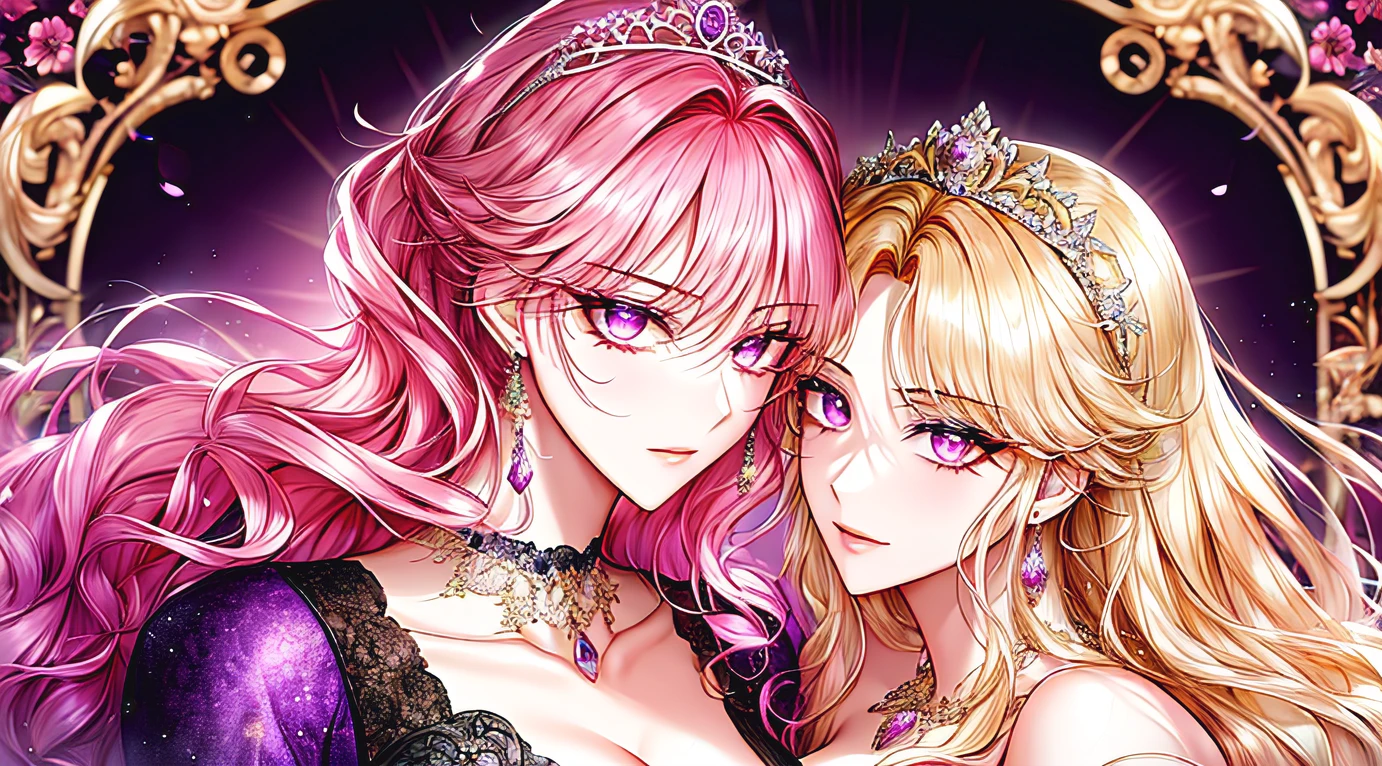 Kuroume_1024, ((shoujo-style, floral background, romance manhwa)), (close up), (2girls aligned:1.2), couple, pink hair, platinum-blonde hair, solo, long hair, flower, dress, thick eyeblows, flower, straight hair, blaid, closed mouth, collarbone, breast, (cleavage), puffy sleeves, white dress, purple dress, elbow gloves, earrings, necklace, (tiara), jewelry, golden, lace trimmed, bow, face focus, teasing, beautiful face, detailed eyes, detailed pupil, looking at viewer, all intricate