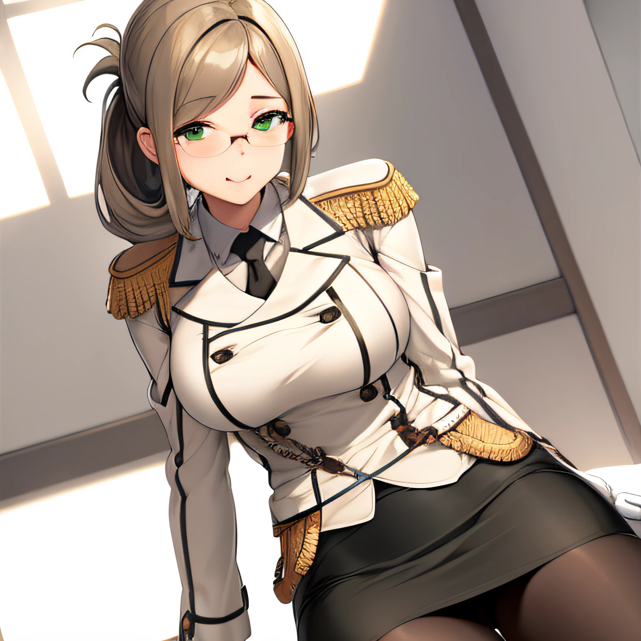 (masterpiece, best quality:1.2),illustration,8k,hd,1girl,solo,upper body,portrait,katori \(kancolle\),light brown hair,folded ponytail,parted bangs,green eyes,glasses,rimless eyewear,military uniform,white jacket,epaulettes,black necktie,white gloves,grey skirt,miniskirt,pencil skirt,black pantyhose,