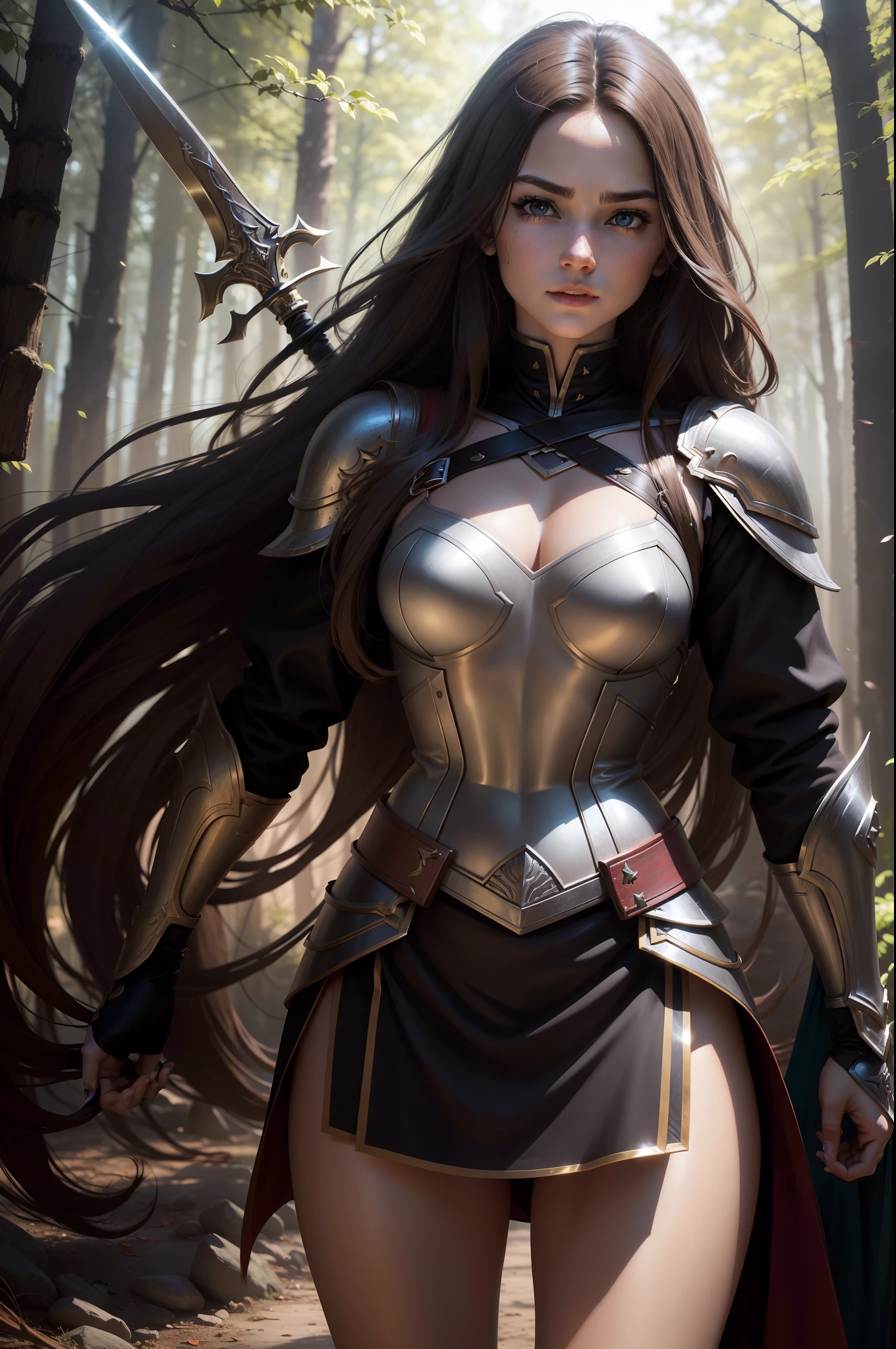 (8K,Photorealsitic　Raw photography　top-quality;1.4) 　(1girl in)　Super beauty　(Lifelike face)　Muscular and macho female body　(Brown hair long hair)　Hold the sword correctly and hold it in front of you　combat scene　Metallic black and red armor　Beautiful expression　glareing　(real looking skin)　(sorcerer)　enticing　超A high resolution　A hyper-realistic　high detal　fully body photo　ln the forest