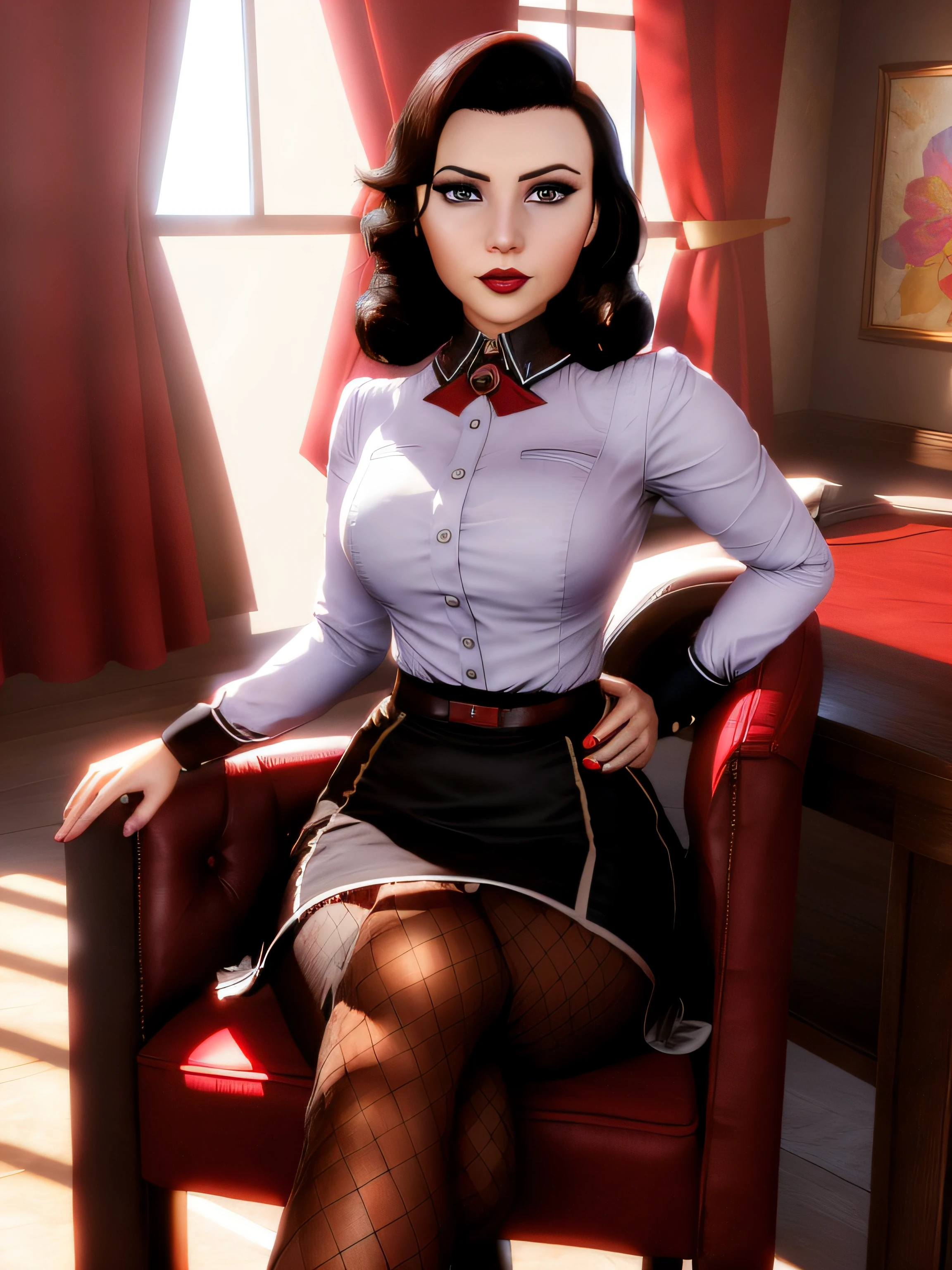 Elizabeth comstock, (heroine uniform: 2), serious look, epic pose, heroic, red lipstick, (8k, RAW photo, best quality, masterpiece:1.2),ultra-detailed, (high detailed skin:1.2), 8k uhd, dslr, soft lighting, high quality, black skirt, upskirt, sitting on chair, crossed legs, tights, pantyhose