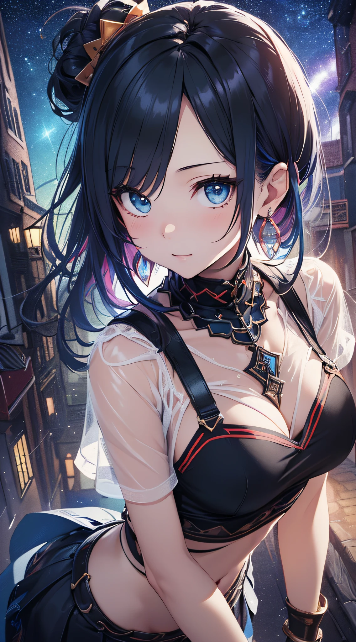 top-quality、Top image quality、​masterpiece、girl with((cute little、18year old、Best Bust、Medium bust、Bust 85,Beautiful blue eyes、Breasts wide open,Black Short Sleeve T-Shirt、White see-through、Black short skirt、Ponytail with black hair、Beautiful blue earrings、A slender、Blue hair mesh、、Leaning forward、Poses that emphasize breasts、Drunk、Being drunk、close to viewer、Kamimei、From  above、Shy face、dye one's cheeks red、POV POV Perspective、Stay close to your audience、Hugging)）hiquality、Beautiful Art、Background with((Red and blue lighting、Planetarium Town、Beautiful starry sky、Illumination Town)),masutepiece、Elaborate design、visualart、depth of fields、The best lighting、highestdetailed、8ｋ