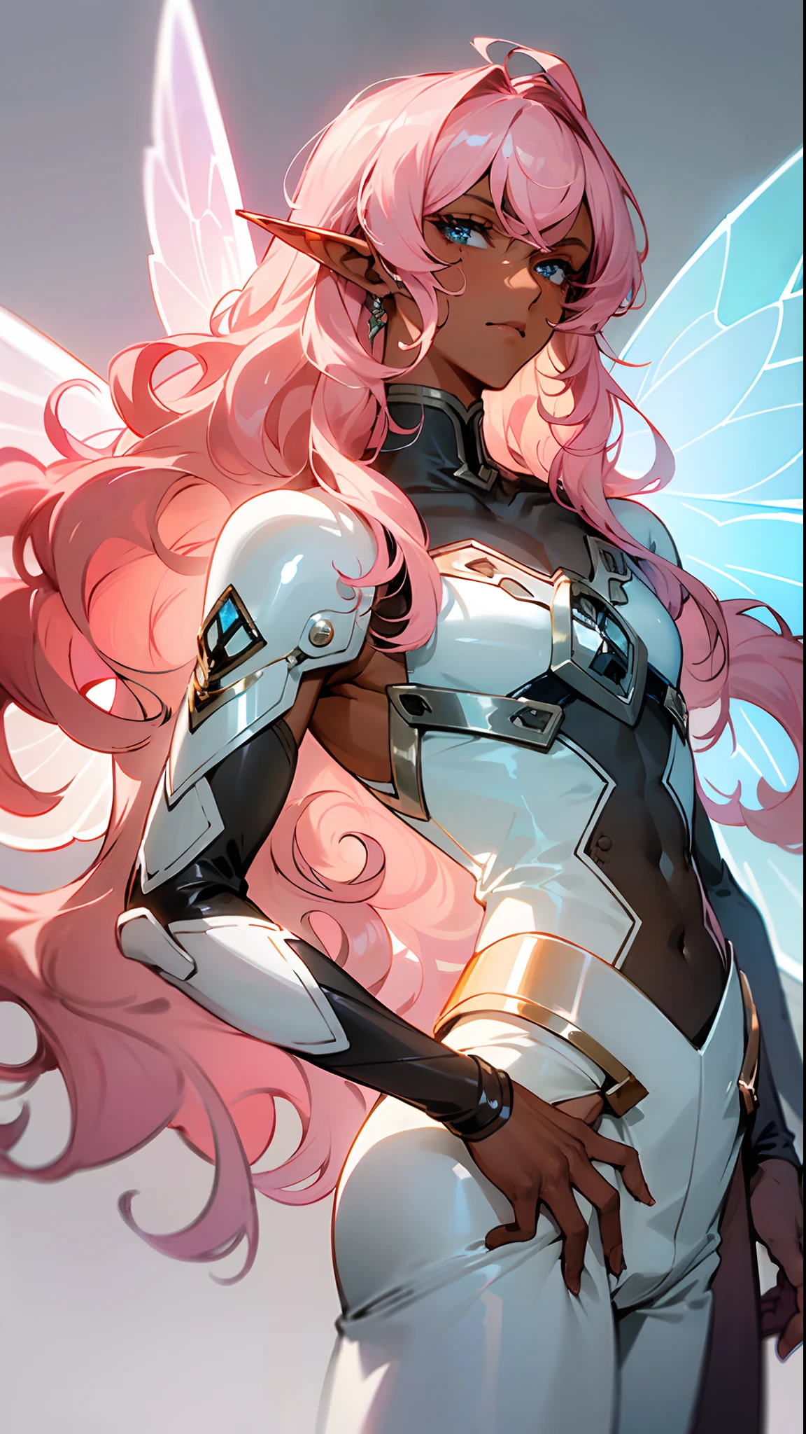 (masterpiece, best quality )detailed, 1Character , pastel washed out colors , cell shade , soft, muted shades ,gentle colors , blue archive art style
Battle:
Wearing a mix of sword art online and futuristic style clothes , elegant ,
((Beautiful man:1)) , ((Dark skin:1.5)) , ((long hair)) , ((light pink hair)) , ((male:1.4)) , full lips , blue eyes , voluminous hair, ((Skinny build)) ,effeminate , ((has a center part in hair:1)), full long eyelashes,((curly hair:1.3)) , Bishounen, possess delicate and androgynous features, elf ears , ((has fairy wings:1 )),