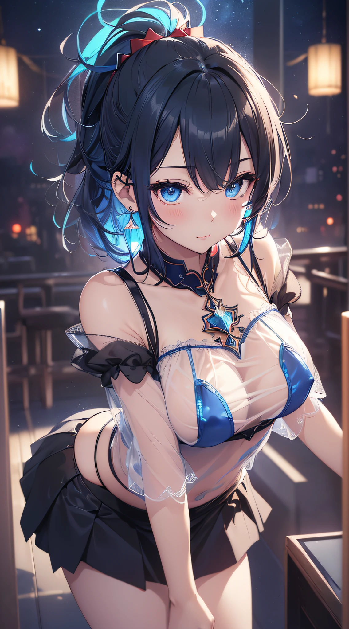 top-quality、Top image quality、masterpiece、girl with((cute little、18year old、Best Bust、Medium bust、Bust 85,Beautiful blue eyes、Breasts wide open,Black Short Sleeve T-Shirt、White see-through、Black short skirt、Ponytail with black hair、Beautiful blue earrings、A slender、Blue hair mesh、、Leaning forward、Poses that emphasize breasts、Drunk、Being drunk、close to viewer、Kamimei、From above、Shy face、dye one's cheeks red、POV POV Perspective、Stay close to your audience、Hugging))hiquality、Beautiful Art、Background with((Red and blue lighting、Planetarium Town、Beautiful starry sky、Illumination Town)),masutepiece、Elaborate design、visualart、depth of fields、The best lighting、highestdetailed、8k