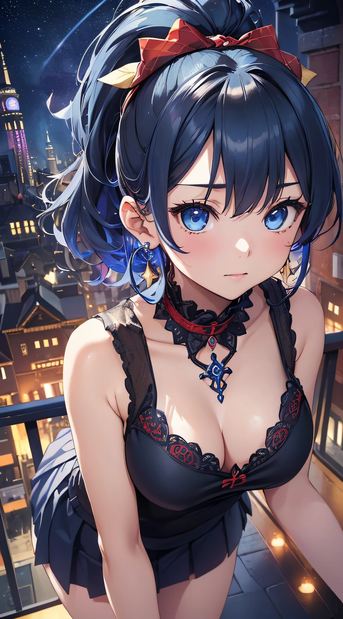 top-quality、Top image quality、masterpiece、girl with((cute little、18year old、Best Bust、Medium bust、Bust 85,Beautiful blue eyes、Breasts wide open,Black Short Sleeve T-Shirt、White see-through、Black short skirt、Ponytail with black hair、Beautiful blue earrings、A slender、Blue hair mesh、、Leaning forward、Poses that emphasize breasts、Drunk、Being drunk、close to viewer、Kamimei、From above、Shy face、dye one's cheeks red、POV POV Perspective、Stay close to your audience、Hugging))hiquality、Beautiful Art、Background with((Red and blue lighting、Planetarium Town、Beautiful starry sky、Illumination Town)),masutepiece、Elaborate design、visualart、depth of fields、The best lighting、highestdetailed、8k
