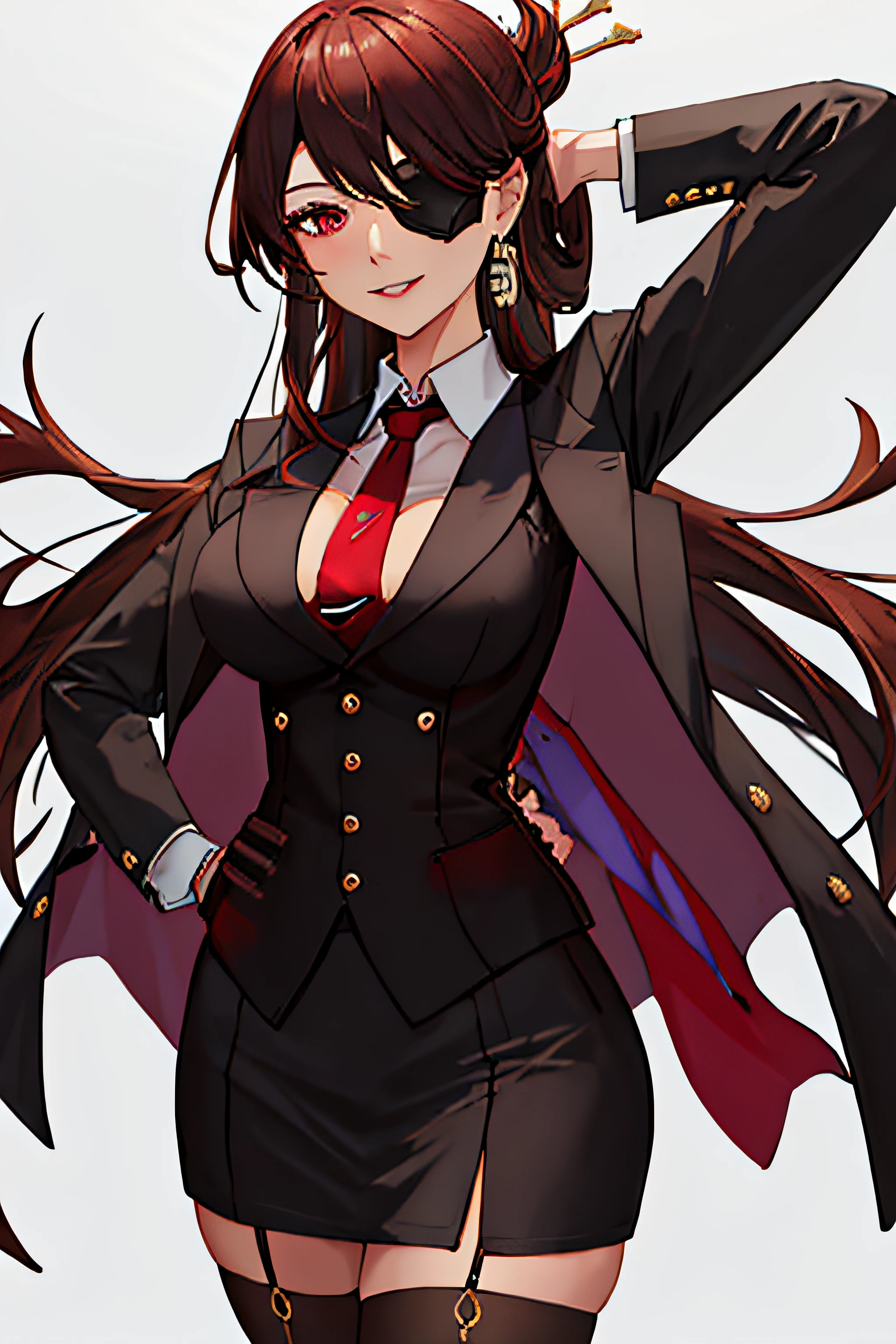 best quality, masterpiece, highres, solo, {beidou_genshin:1.15}, long_hair, eyepatch, red_eyes, brown_hair, hair_ornament, hair_over_one_eye, breasts, one_eye_covered, hairpin, smile, hair_stick, jewelry, bangs, earrings, large_breasts, 1girl, skirt suit, (((three-piece suit))), necktie, blazer, suit jacket, waistcoat, bodycon skirt, looking_at_viewer, fur_trim, holding, parted_lips