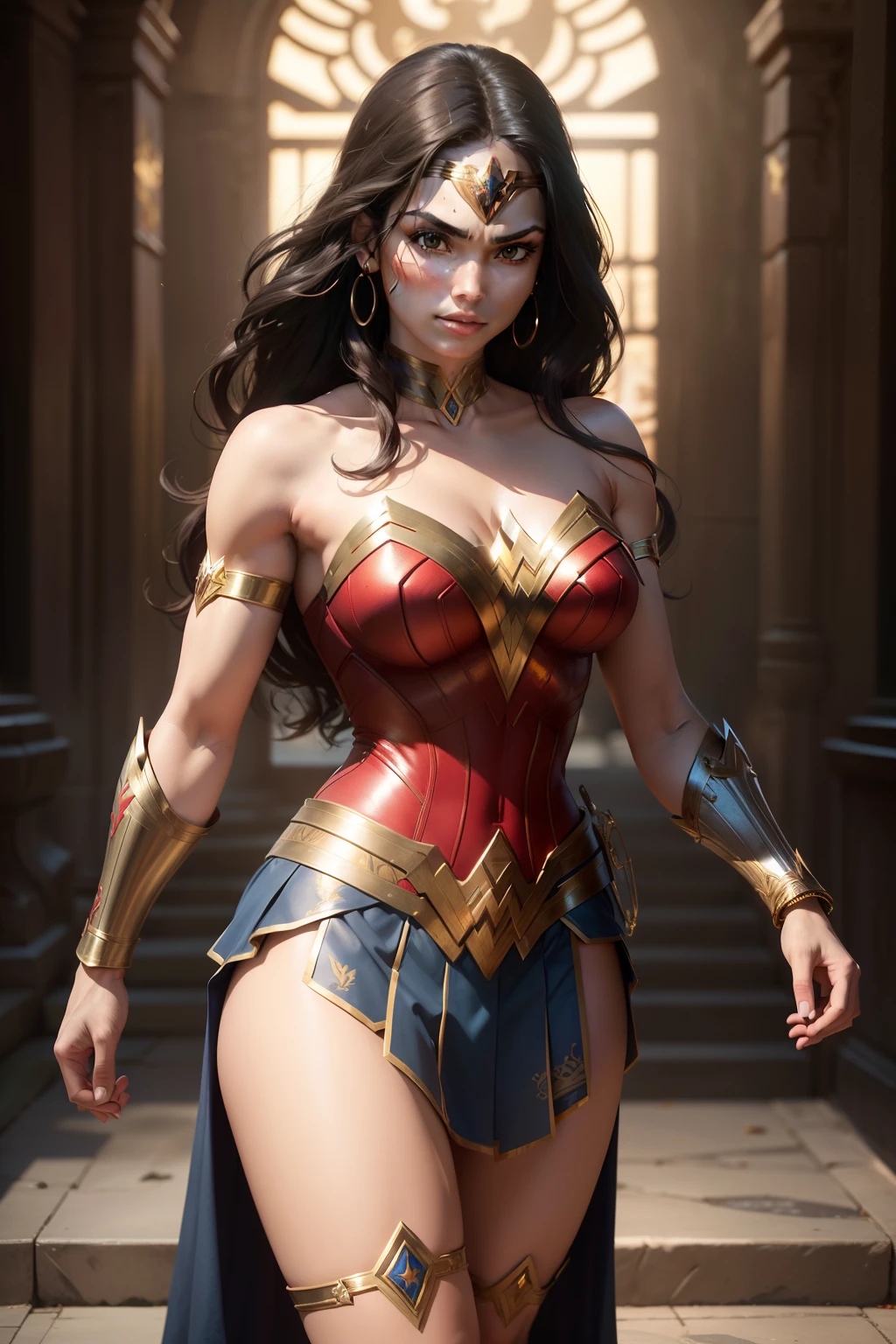 ((vestindo um traje rasgado da Superheroina WonderWoman))、Mulher bonita, com 39 anos, with visible slender abs:1.4、Pacote ABS Six:1.4、Busto de Botox、((Ponta saindo、the areola protrudes、the shape of the pubic area is clearly visible))、(Totalmente amarrado com uma corrente)、Containment、escravo、gargantilha、sneer、((tears flow、choro de dor))、sweating、((a vast prison))、fantasia sombria、Teto descascado、Quebra de laje、rebar between cracks、Paredes quebradas、(((terno rasgado)))、Wet、nublado、((acorrentado))、((Grande destaque das redes))、((Barra de ferro na virilha))、((hands tied behind from the back、Invisible hand))、(Sem pantie、no-bra)、Trajes desafiados, Sucata、There is blood on the face、Blood is splattered、real、(hematoma、sujo、roupas rasgadas、roupas desleixadas、sangue:1.3)、brown hair、cabelo comprido、capa rasgada、torn pantyhose、pernas longas、Uma perna suspensa por uma corrente、Metal shackles、The handcuffs on his left ankle are chained from the ceiling.、Wet crotch is clearly visible、atirando de baixo、Anatomical、(futuristic sci-fi battle fashion、Cotovelo e joelho trincados cyberpad、barefoot 、((The left leg is stretched upwards by a chain of handcuffs)) 、The chain is tense.