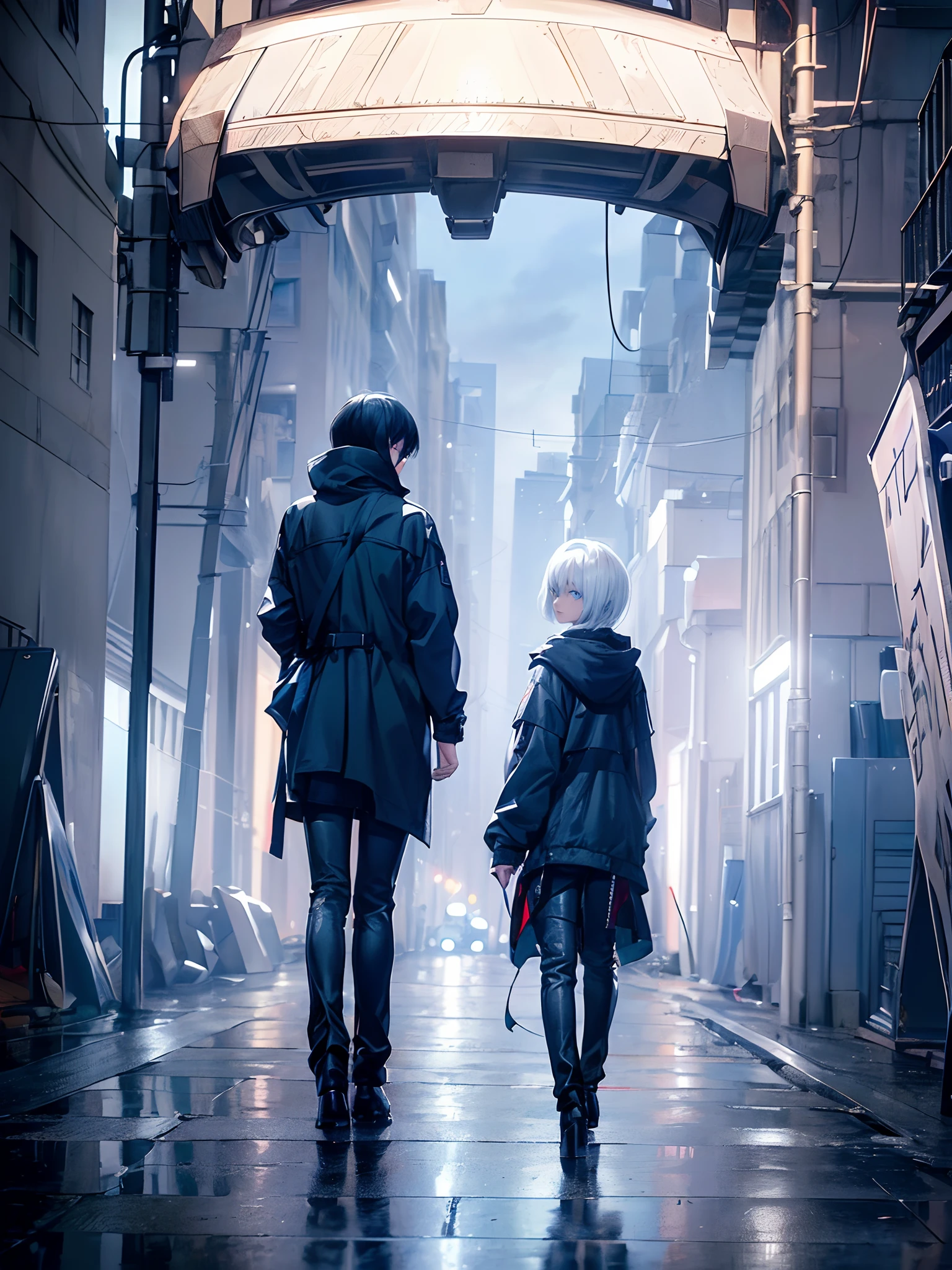 ((4K works))、masterpiece、(top-quality)、One Beautiful Girl、Slim body、tall、((Black Y-shirt and white pants、Charming street style))、Please wear one jacket、Wearing a hood to hide his face、(Detailed beautiful eyes)、Midnight Walk、During the walk、((Walking under a dark sky))、saddened、suffocating、desolate、solitude、((Pitch black night road))、((Face similar to Carly Rae Jepsen))、((Short-haired white hair))、((Smaller face))、((Neutral face))、((Bright blue eyes))、((American adult women))、((Adult female 26 years old))、((cool lady))、((Like a celebrity))、((Korean Makeup))、((elongated and sharp eyes))、((Happy dating))、((boyish))、Professional Photos、((Shot alone))、((He is on a walk))、((He is walking in front of the viewer))、((Shots of the back and back of the head))、((photographed from the back))、horor