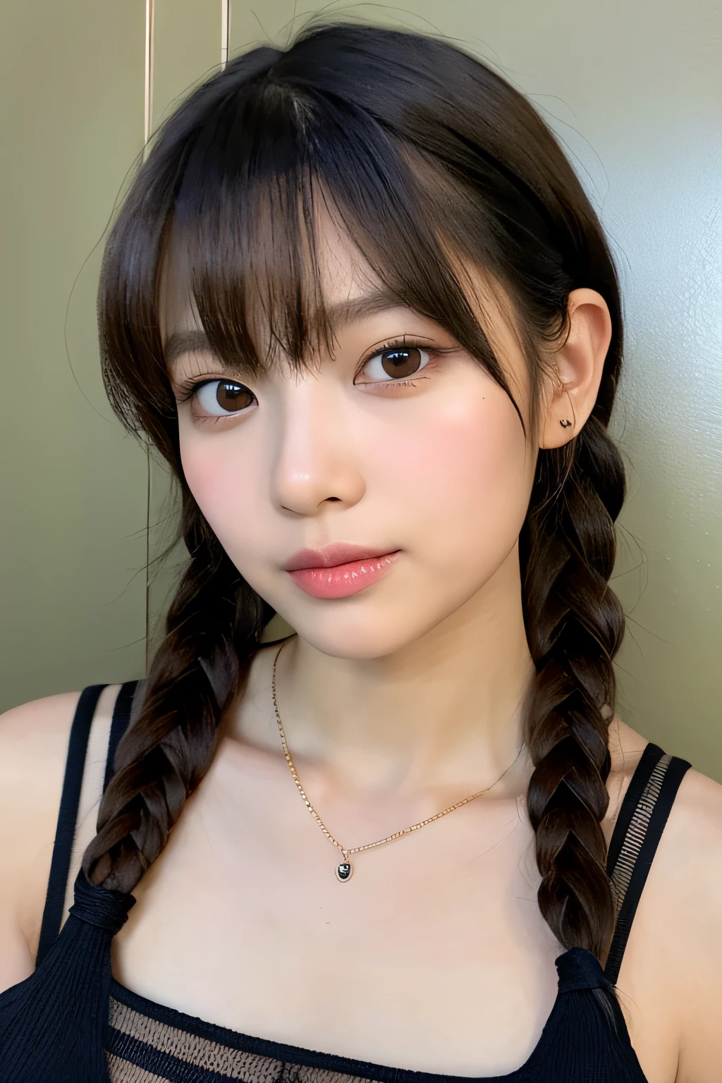 ​masterpiece、ultra-definition、masutepiece、accurate depiction、(a 18 year old girl、small head)、Black twin braid、Toro Face、with blush cheeks、Kuroko under the eyes、tre anatomically correct、perfect glossy skin、kawaii:1.3、Detailed face、realism、all-fours、Angle from below、A slender、fishnet tights