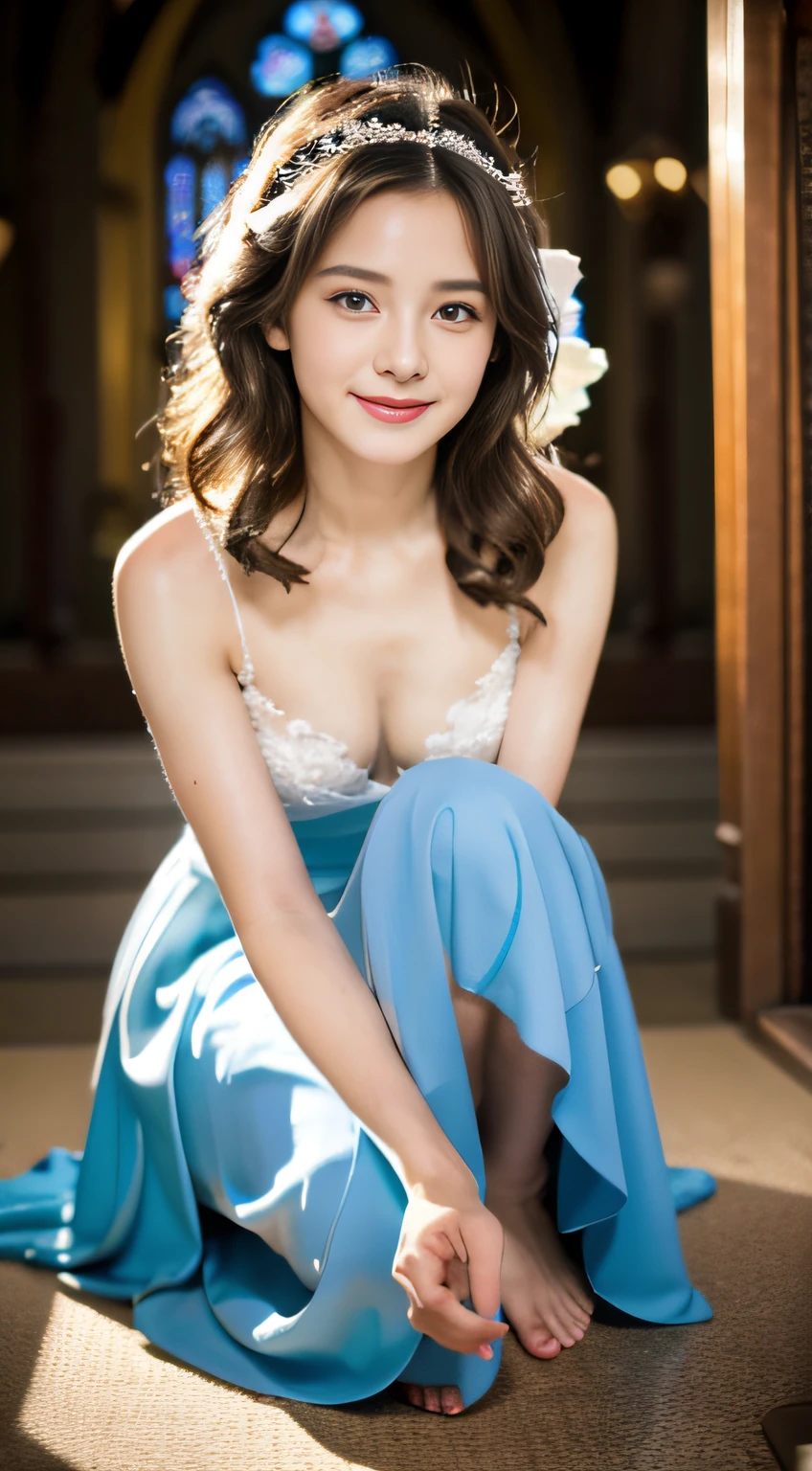 (32k,high detal,high-resolutionhigh-resolution,Attention to detail,full body Esbian,1 girl:1.3),Raw photo & realistic atmosphere,beautiful dark blue eyes,Detailed mouth,Glossy lips,Detailed eyebrows,Soft white skin that shines with every detail,Eyes drawn in detail、Blue eyes,Very beautiful eyes,Detailed lips、Very beautiful face,Very well-formed face、Lifelike face,shiny beautiful lips, Very beautiful bride, Japanese ido,Korean Idols,Japan fashion models, Japan Bride,Korean Fashion Models,Very beautiful but cute16-year-old loli girl,with a flushed face,Incredibly cute16-year-old bride,(A church with glittering light shining through stained glass and a fantastic atmosphere,Heart Dance,Cute 16 year old girl chews happiness:1.4),(Cinematic scenes:1.3),(discreet well-shaped breasts,Immature body,Moist eyes,kindly smile:1.2),(Neat and elegant16 year old beautiful girl,From below,Be curious,taken from the under,Wide-angle shooting from below,Very blue hair,The hairstyle is neatly rolled up and tied on the head,16-year-old loli girl1a person,The skin of the whole body feels moisturized,Wearing a voluminous blue prom dress with fancy design,White tights,Neat pretty loli girl with baby face,Sexy Beautiful Girl,Medium chest:1.5),(beautiful hair decoration,Luxurious and beautiful ornaments,Petals flutter in the air,Petals come down from the air,Bride with a graceful and noble impression,Dressed in the bride's costume,a blond,Golden hair,long skirt,Flipping a long skirt with your hands,Lift the long skirt to the last minute,Bride Costume,Sit on the altar of the church,Call the camera,Step on the camera,Stomp on the camera,Staring at the camera from above with elation:1.7)