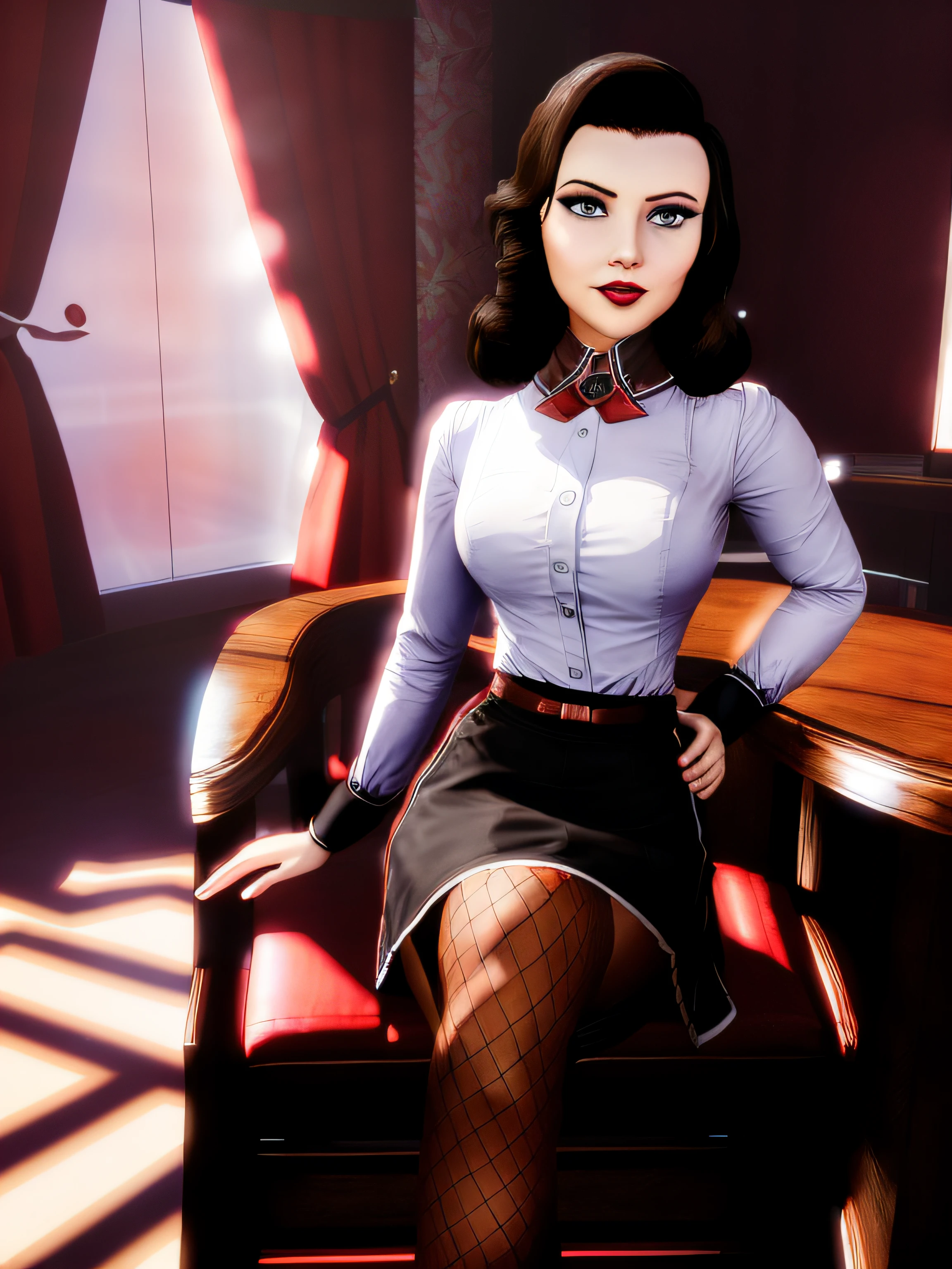 Elizabeth comstock, (heroine uniform: 2), serious look, epic pose, heroic, red lipstick, (8k, RAW photo, best quality, masterpiece:1.2),ultra-detailed, (high detailed skin:1.2), 8k uhd, dslr, soft lighting, high quality, black skirt, upskirt, sitting on chair, crossed legs, tights, pantyhose