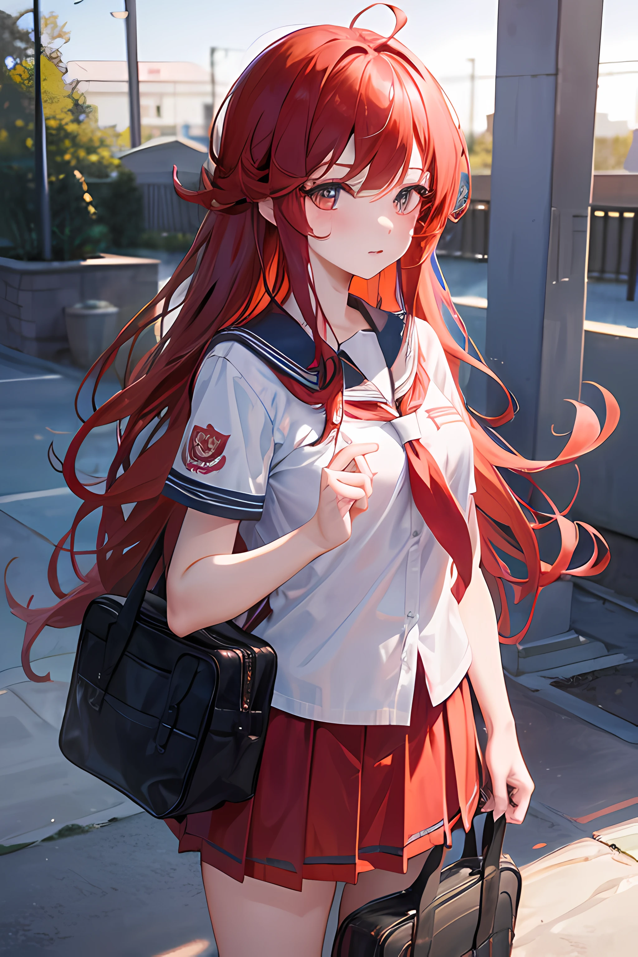 an anime girl, long red hair, school uniform, in front of school, looking at wiever, 8k, nsfw