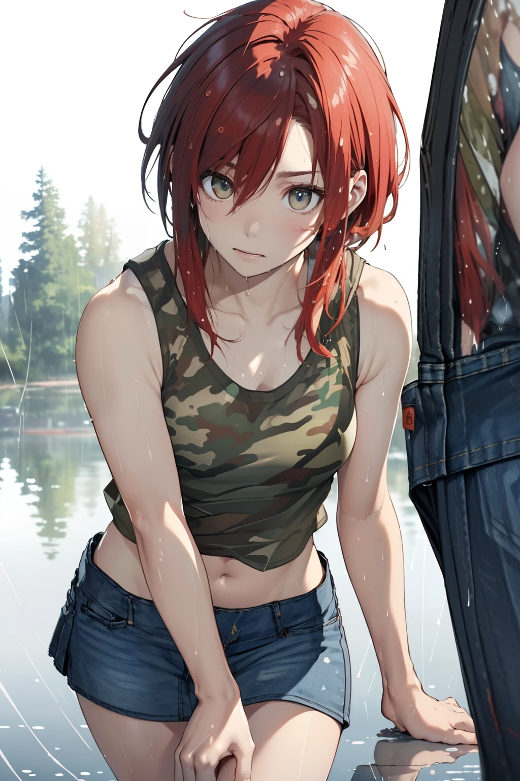 (Best Quality, 8K, Oil Painting, masutepiece:1.2), Ultra-detailed, (Realistic, Photorealistic:1.37), (((FULL BODYSHOT)))、Vibrant colors, Studio Lighting, (((The whole body is reflected)))、Shoulder-length bob hair, Green and brown tank top, Camouflage tank top, (((Denim miniskirt)))、(((White background))), (((with a pure white background)))、((tired expression))、(((skip)))、(((Drenched in rain)))、(((Red hair)))、(((bobhair)))、(((Camouflage pattern tank top)))、(((with a pure white background)))、(((There is a margin at the top)))、(((There are margins on the left and right)))、(((There is a margin above the image)))、(((Run left)))、(((Hair is wet)))