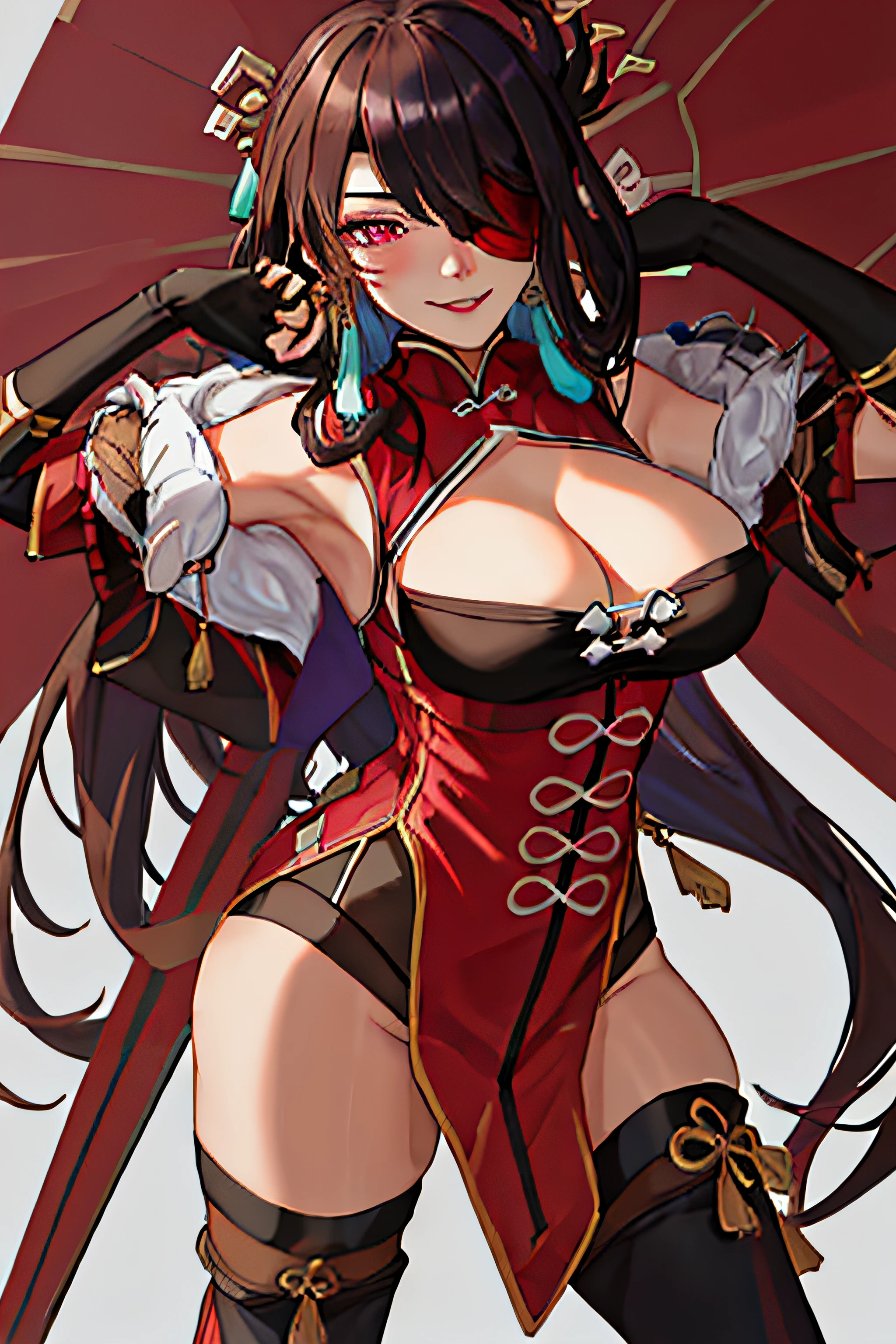 best quality, masterpiece, highres, solo, {beidou_genshin:1.15}, long_hair, eyepatch, red_eyes, brown_hair, hair_ornament, hair_over_one_eye, breasts, one_eye_covered, hairpin, smile, hair_stick, jewelry, bangs, earrings, large_breasts, cleavage, 1girl, chinese_clothes, gloves, looking_at_viewer, fingerless_gloves, fur_trim, black_gloves, holding, parted_lips