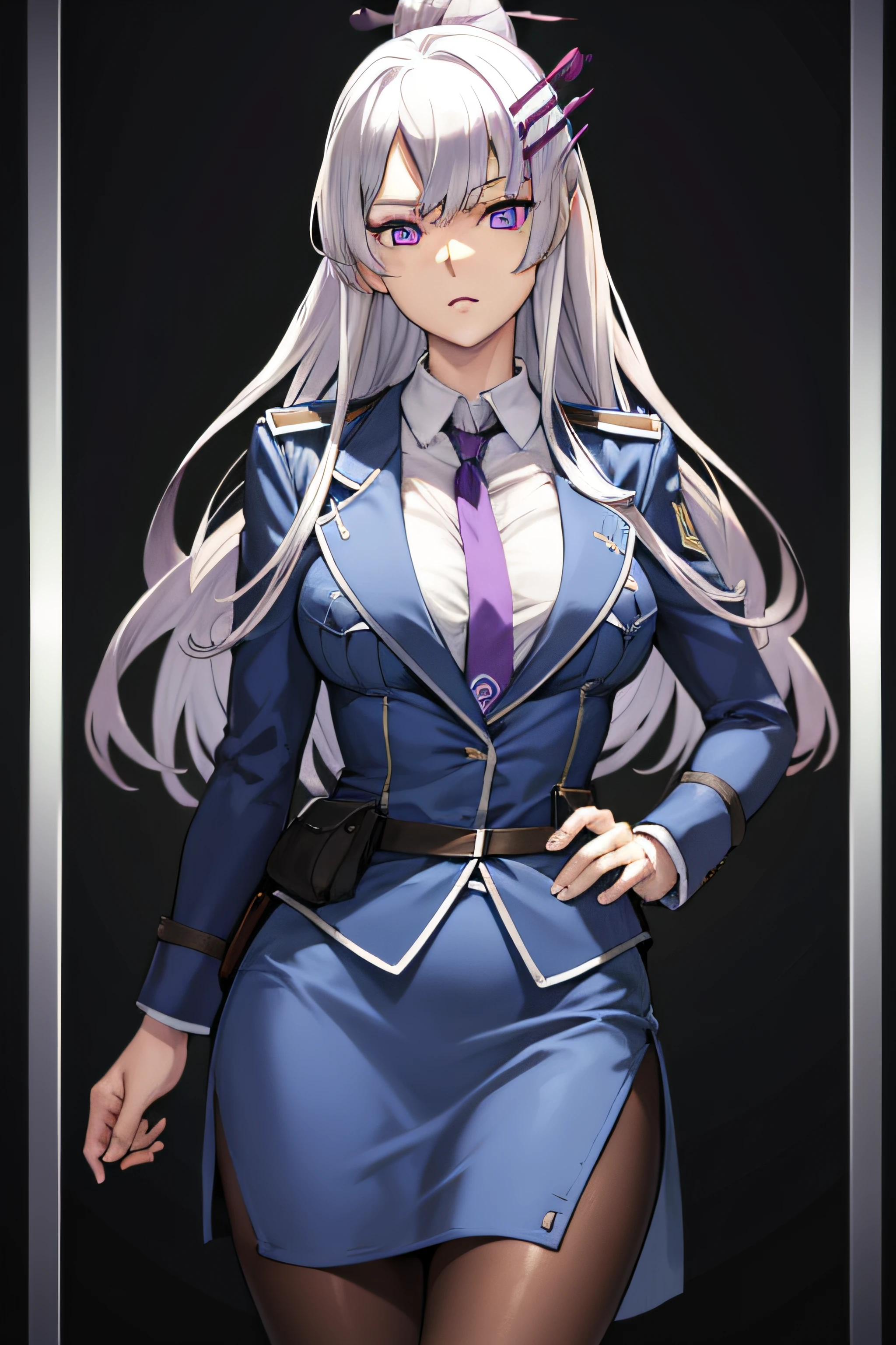 frolaytiacapistrano, frolaytia capistrano, long hair, bangs, hair ornament, (purple eyes:1.3), white hair, hair bun, single hair bun,
BREAK shirt, jacket, white shirt, pantyhose, necktie, collared shirt, belt, uniform, blue skirt, black pantyhose, military, formal, blue jacket, red necktie, pencil skirt, pocket, hair stick, ,
BREAK looking at viewer,
BREAK outdoors, city,
BREAK (masterpiece:1.2), best quality, high resolution, unity 8k wallpaper, (illustration:0.8), (beautiful detailed eyes:1.6), extremely detailed face, perfect lighting, extremely detailed CG, (perfect hands, perfect anatomy),