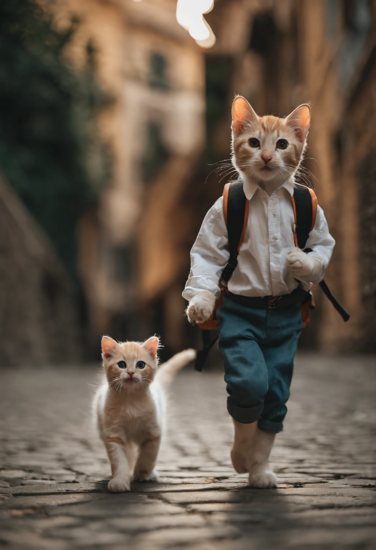 I have two little kittens, a cute little cat, cute kittens, Cutest, Incredibly cute, Adorable and cute, And cute and lovely. They are walking down the street with backpacks, Walking together, commute, Proudly walk down the street, And the cat is walking. They are cute in the style of 🍂 and 🍁, Adorable and cute, Cute and adorable, oh, nice and cute. They are known as real-life Tom and Jerry.