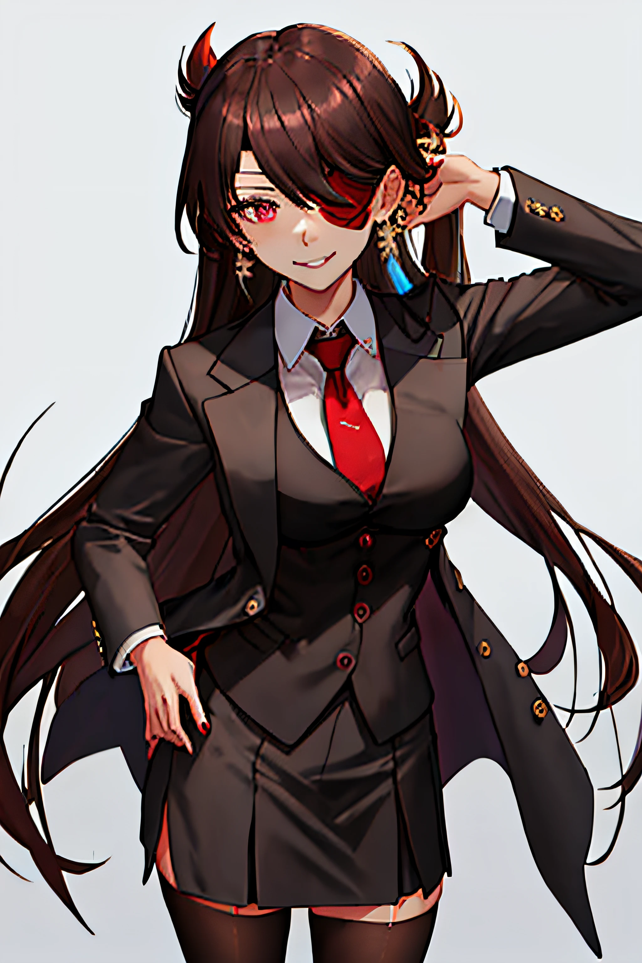 best quality, masterpiece, highres, solo, {beidou_genshin:1.15}, long_hair, eyepatch, red_eyes, brown_hair, hair_ornament, hair_over_one_eye, breasts, one_eye_covered, hairpin, smile, hair_stick, jewelry, bangs, earrings, large_breasts, 1girl, skirt suit, (((three-piece suit))), necktie, blazer, suit jacket, waistcoat, bodycon skirt, looking_at_viewer, fur_trim, holding, parted_lips