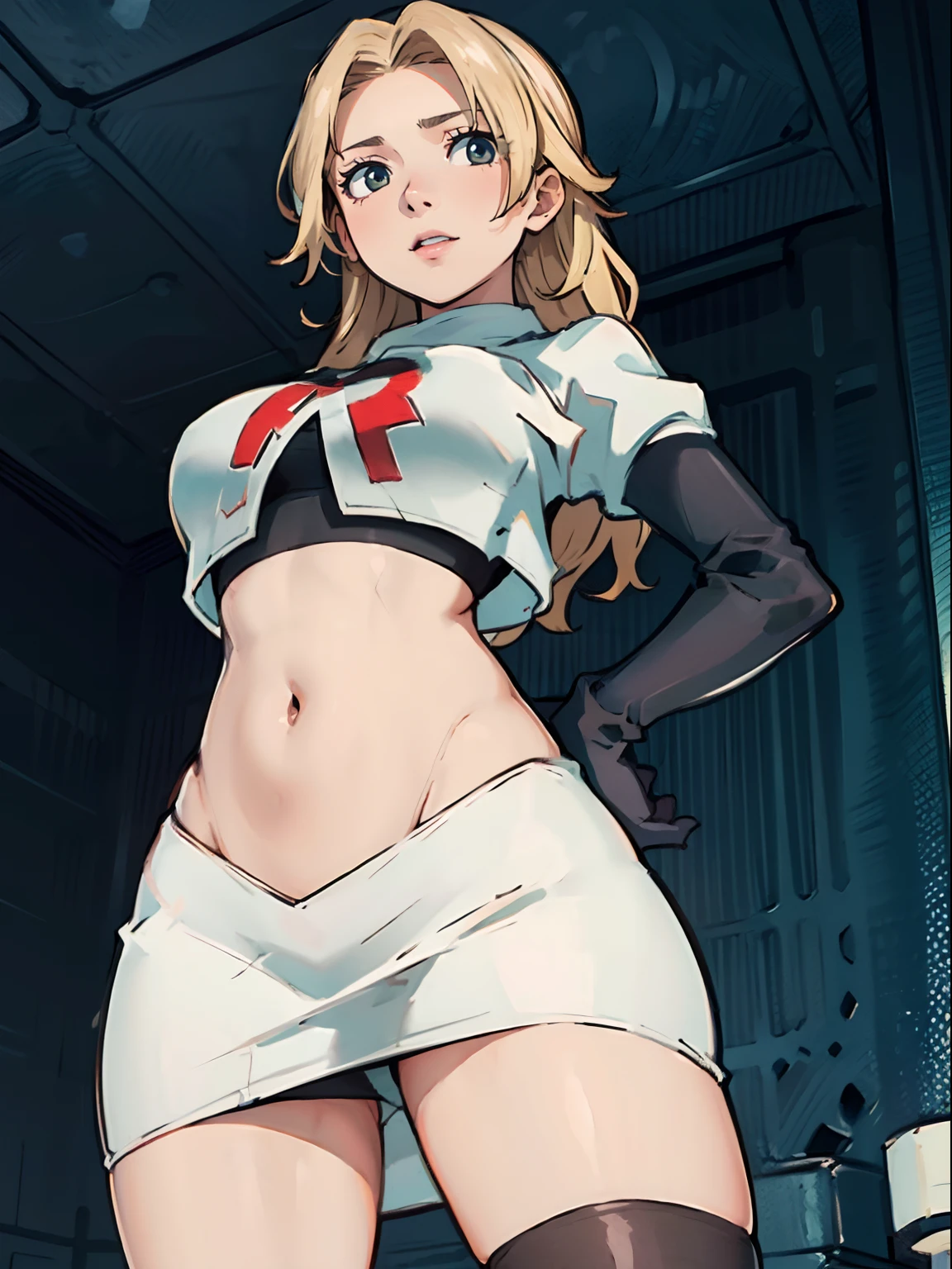 face of celinefe, 1girl,team rocket,team rocket uniform, red letter R, white skirt,white crop top,black thigh-highs,black elbow gloves, looking down on you , one hand on hip