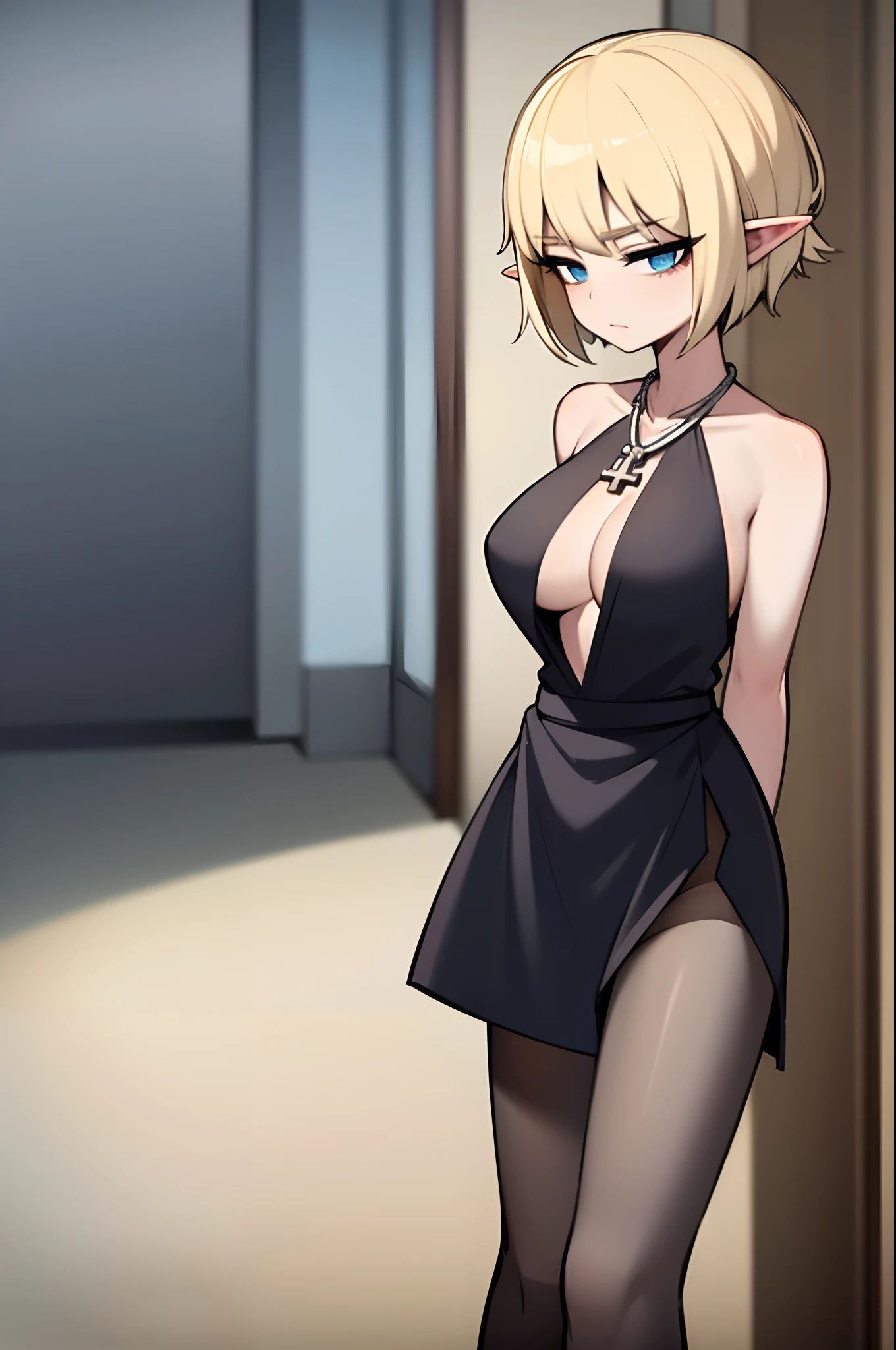 ((masterpiece, best quality)), (1girl), (elf), (solo), (female focus), (blonde hair, short hair) , blue eyes, big boobs, ((black dress), casual dress)), standing, holy cross necklace, hand behind her back, see through shockpant