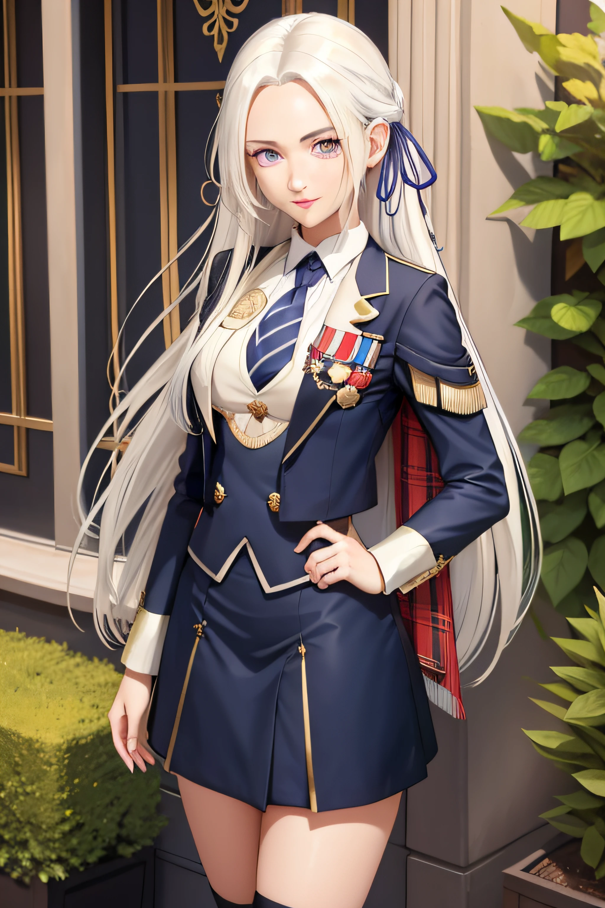 masterpiece, best quality, edelgard_academy, hair ribbon, skirt suit, (((three-piece suit))), necktie, blazer, suit jacket, waistcoat, bodycon skirt, white gloves, upper body, portrait, standing, looking at viewer, furrowed brow, smile, crossed arms,  garden