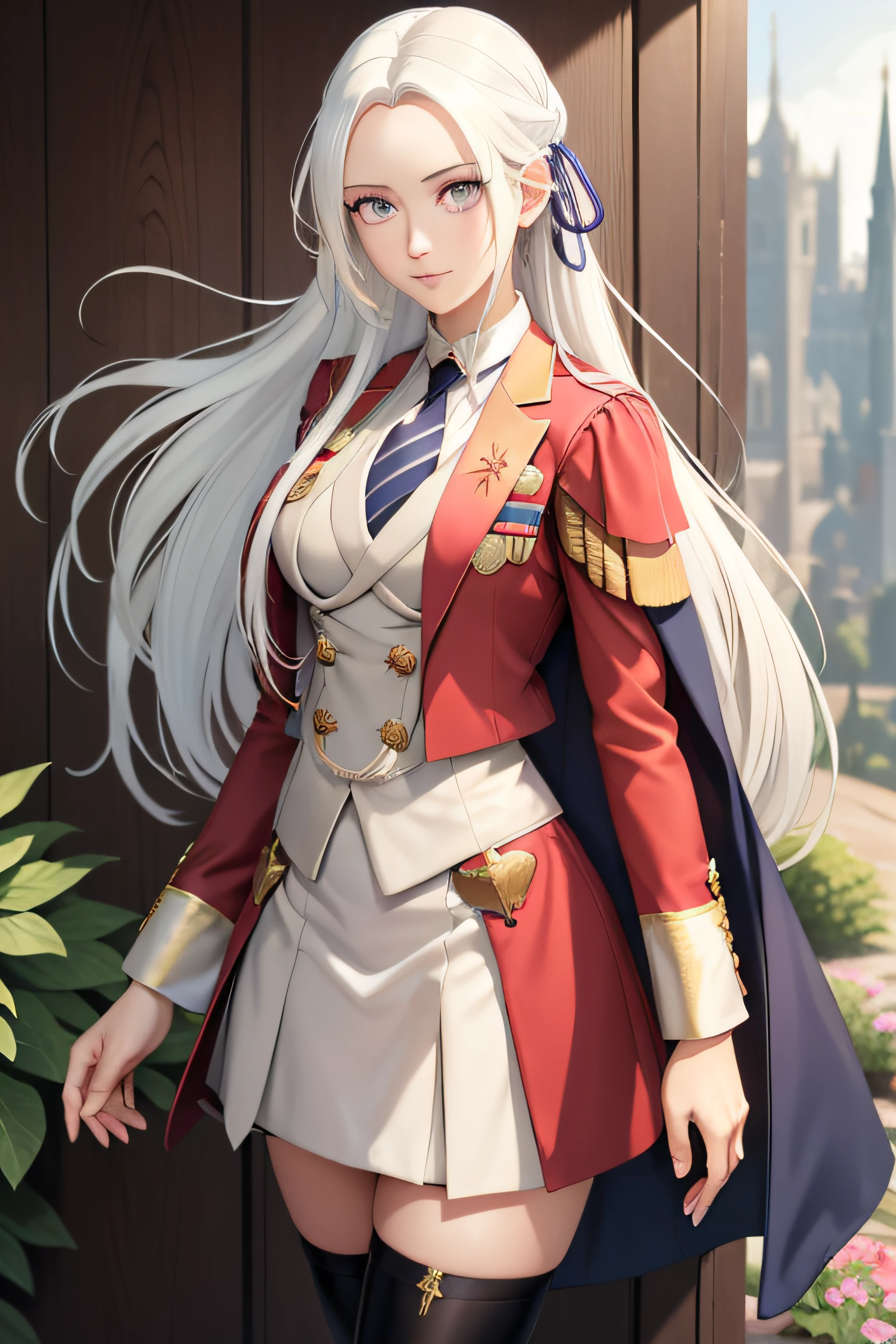 masterpiece, best quality, edelgard_academy, hair ribbon, skirt suit, (((three-piece suit))), necktie, blazer, suit jacket, waistcoat, bodycon skirt, white gloves, upper body, portrait, standing, looking at viewer, furrowed brow, smile, crossed arms,  garden