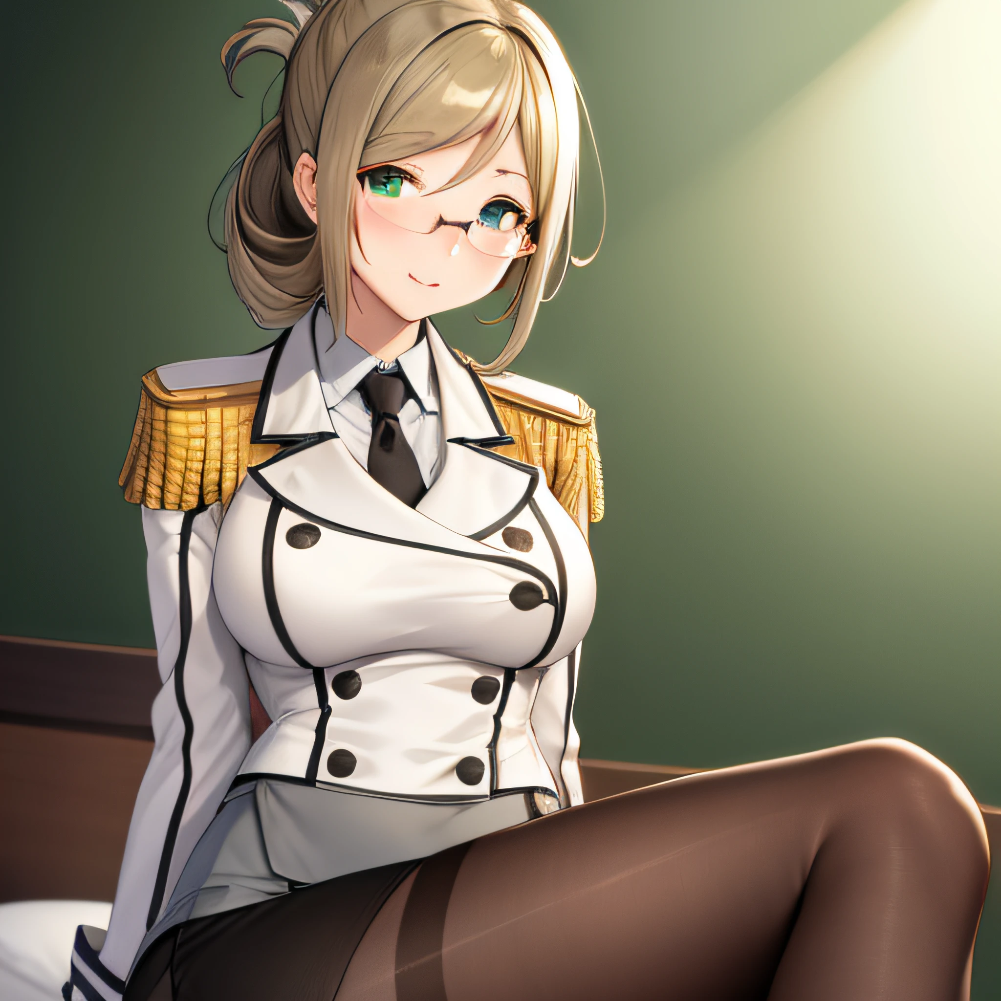 (masterpiece, best quality:1.2),illustration,8k,hd,1girl,solo,upper body,portrait,katori \(kancolle\),light brown hair,folded ponytail,parted bangs,green eyes,glasses,rimless eyewear,military uniform,white jacket,epaulettes,black necktie,white gloves,grey skirt,miniskirt,pencil skirt,black pantyhose