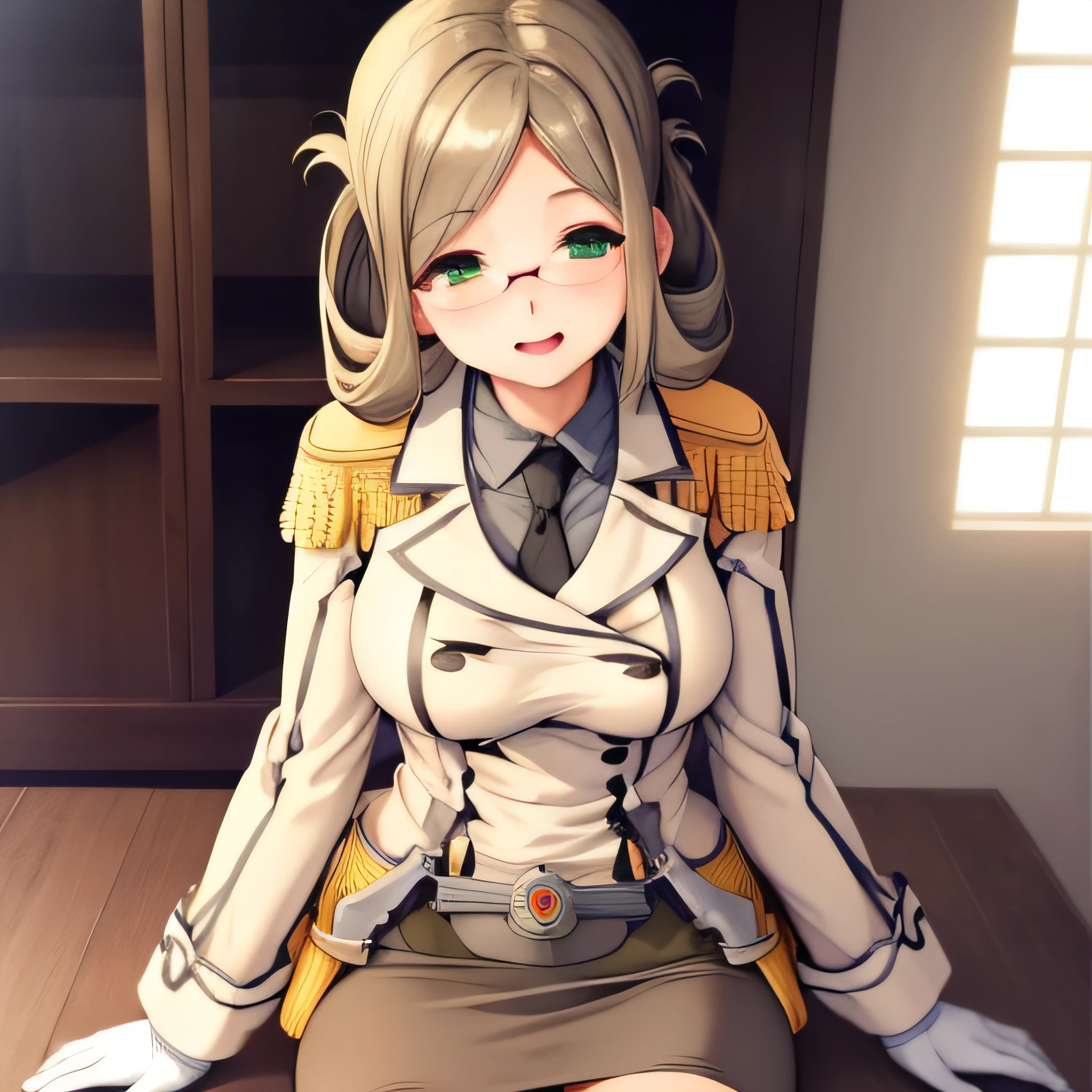 (masterpiece, best quality:1.2),illustration,8k,hd,1girl,solo,upper body,portrait,katori \(kancolle\),light brown hair,folded ponytail,parted bangs,green eyes,glasses,rimless eyewear,military uniform,white jacket,epaulettes,black necktie,white gloves,grey skirt,miniskirt,pencil skirt,black pantyhose