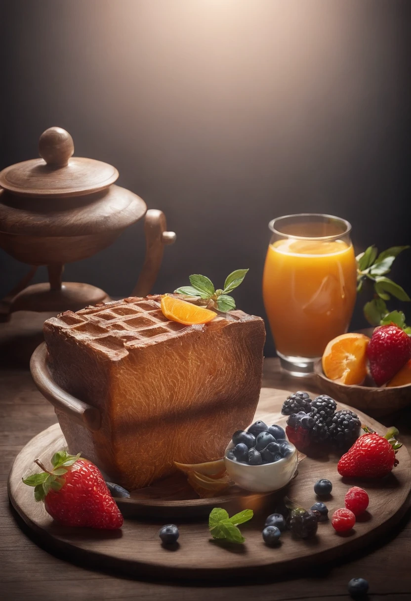 um delicioso bolo, cinemactic, fotografia profissional, studio illumination, Light Studio Background, advertising photography, detalhes intrincados, hiper-detalhado, ultra realista, 8K UHD, Golden accents on the scenery.