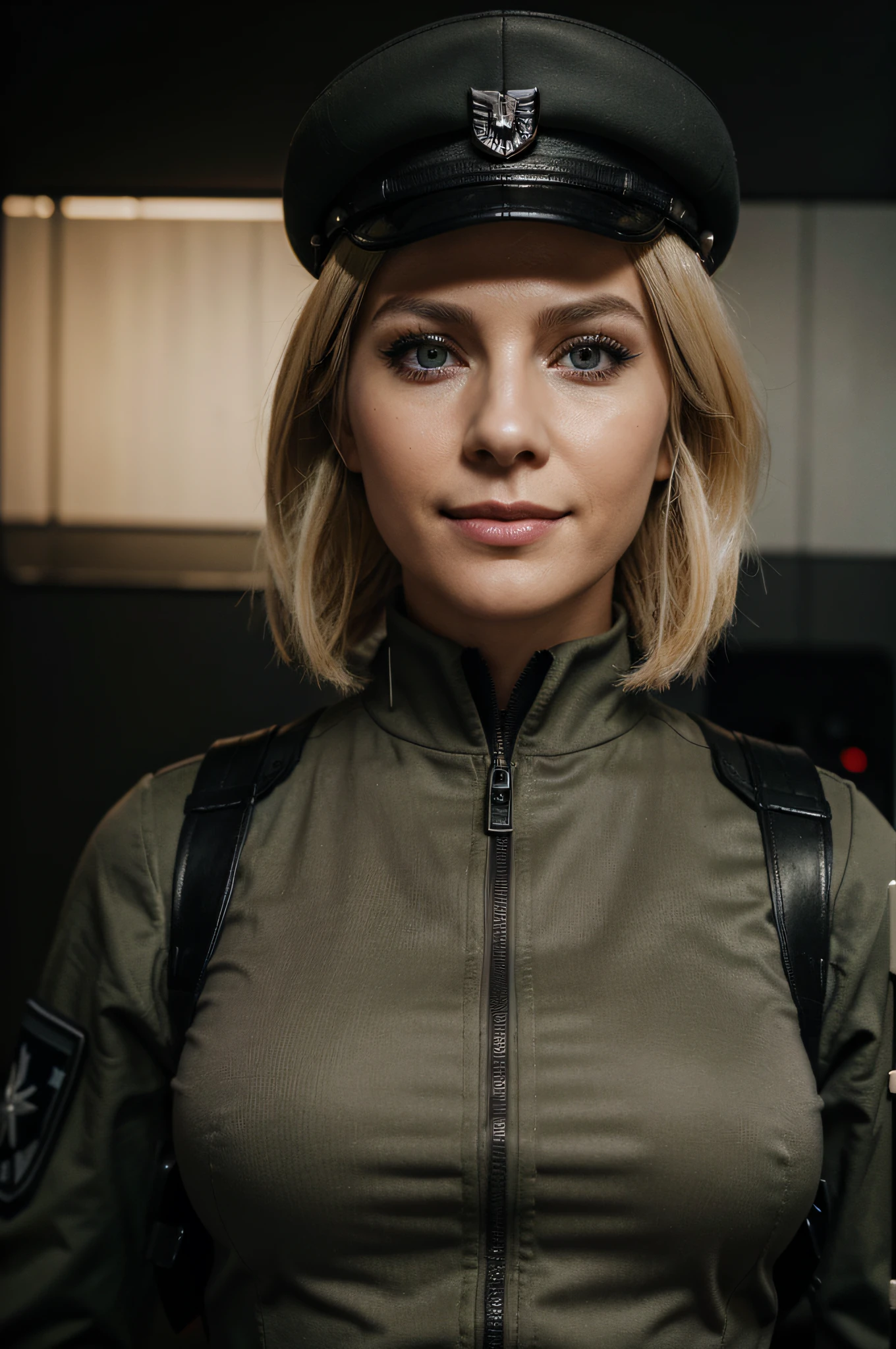 30 years old woman, makeup, black military outfit, high detail face, smile, seductive look, high detail hands, high detail eyes, blonde hair, white skin, ultrarealistic, Wolfenstein style photo, dark shot, full body photo
