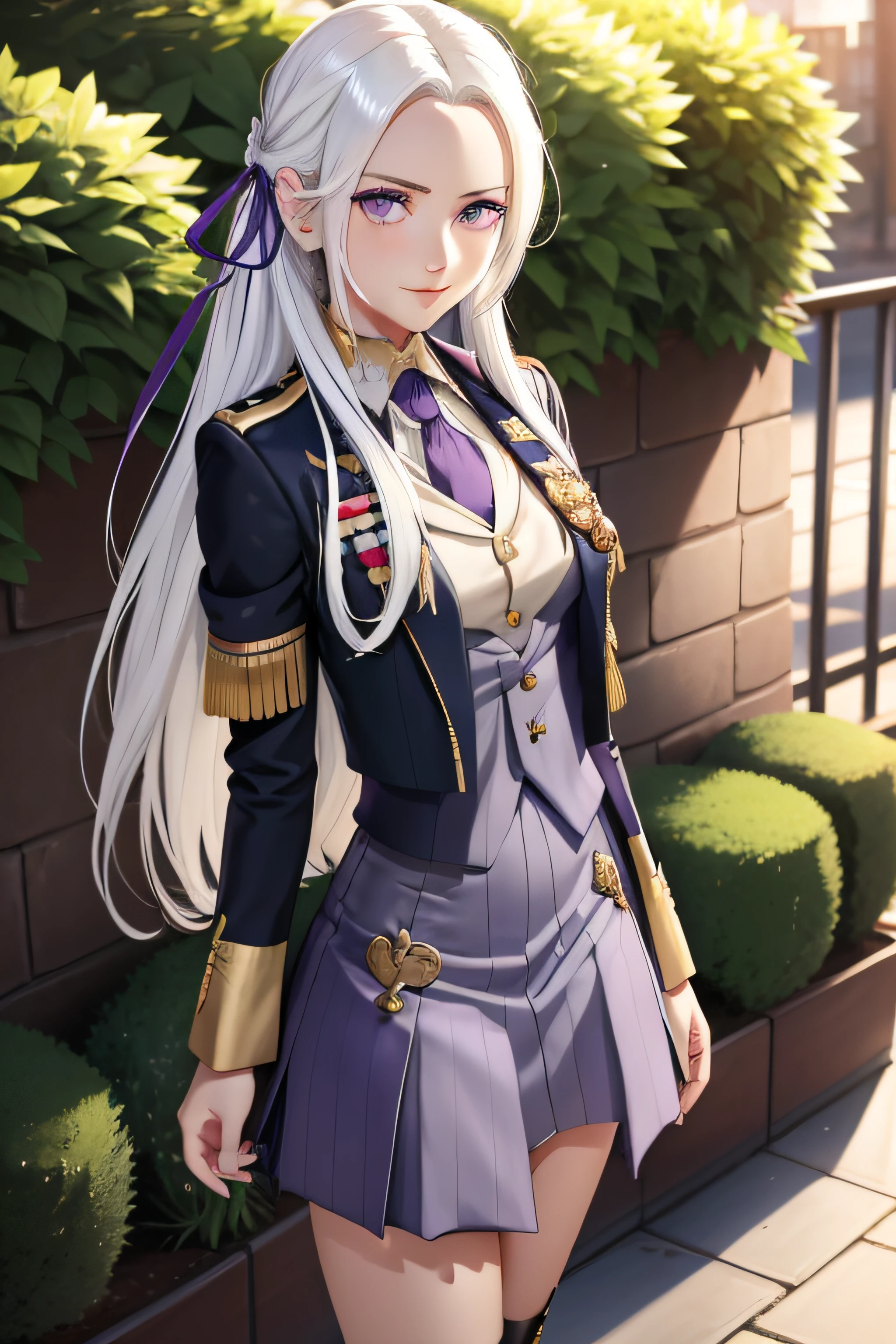 masterpiece, best quality, edelgard_academy, purple eyes, hair ribbon, skirt suit, (((three-piece suit))), necktie, blazer, suit jacket, waistcoat, bodycon skirt, white gloves, upper body, portrait, standing, looking at viewer, furrowed brow, smile, crossed arms,  garden