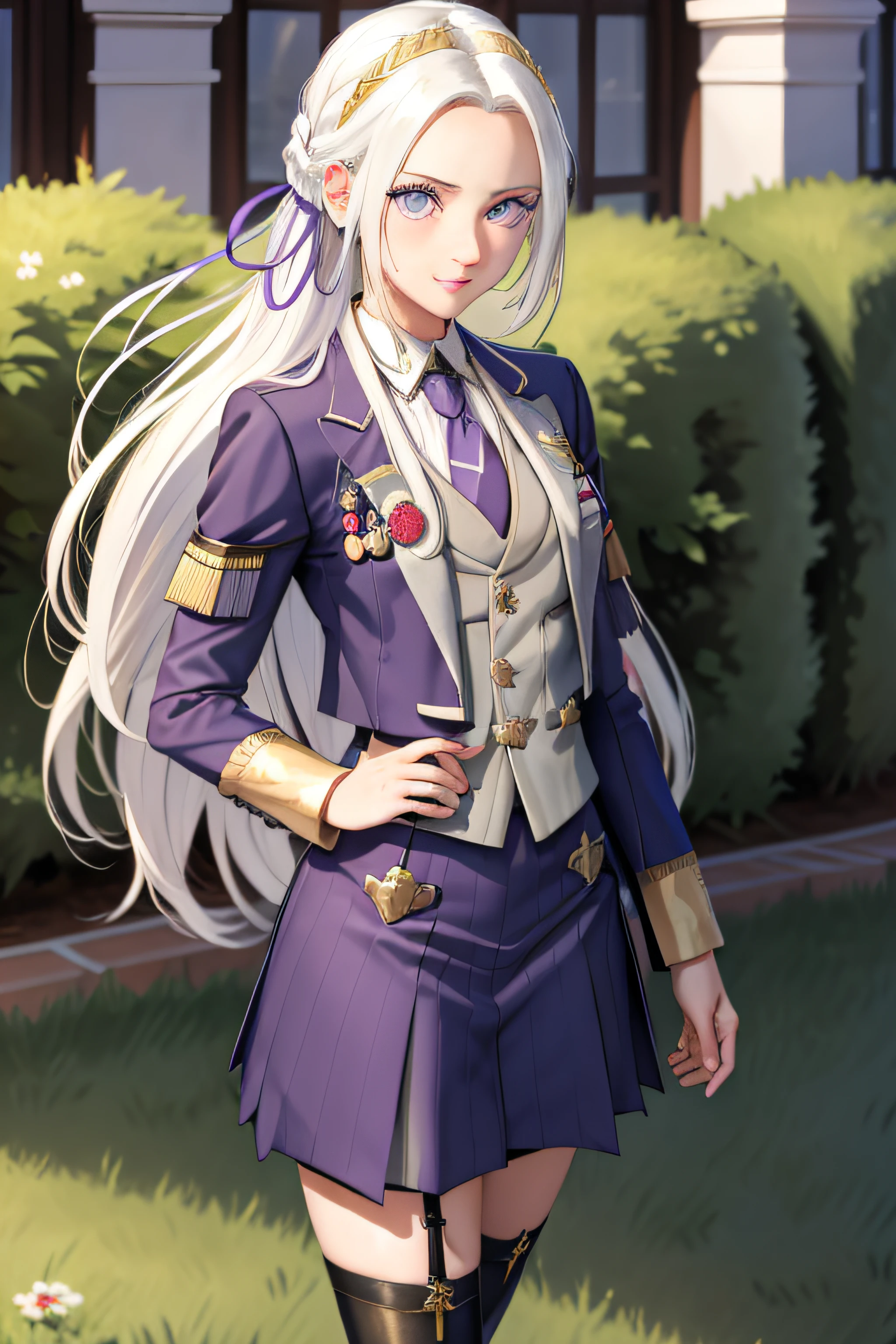 masterpiece, best quality, edelgard_academy, purple eyes, hair ribbon, skirt suit, (((three-piece suit))), necktie, blazer, suit jacket, waistcoat, bodycon skirt, white gloves, upper body, portrait, standing, looking at viewer, furrowed brow, smile, crossed arms,  garden