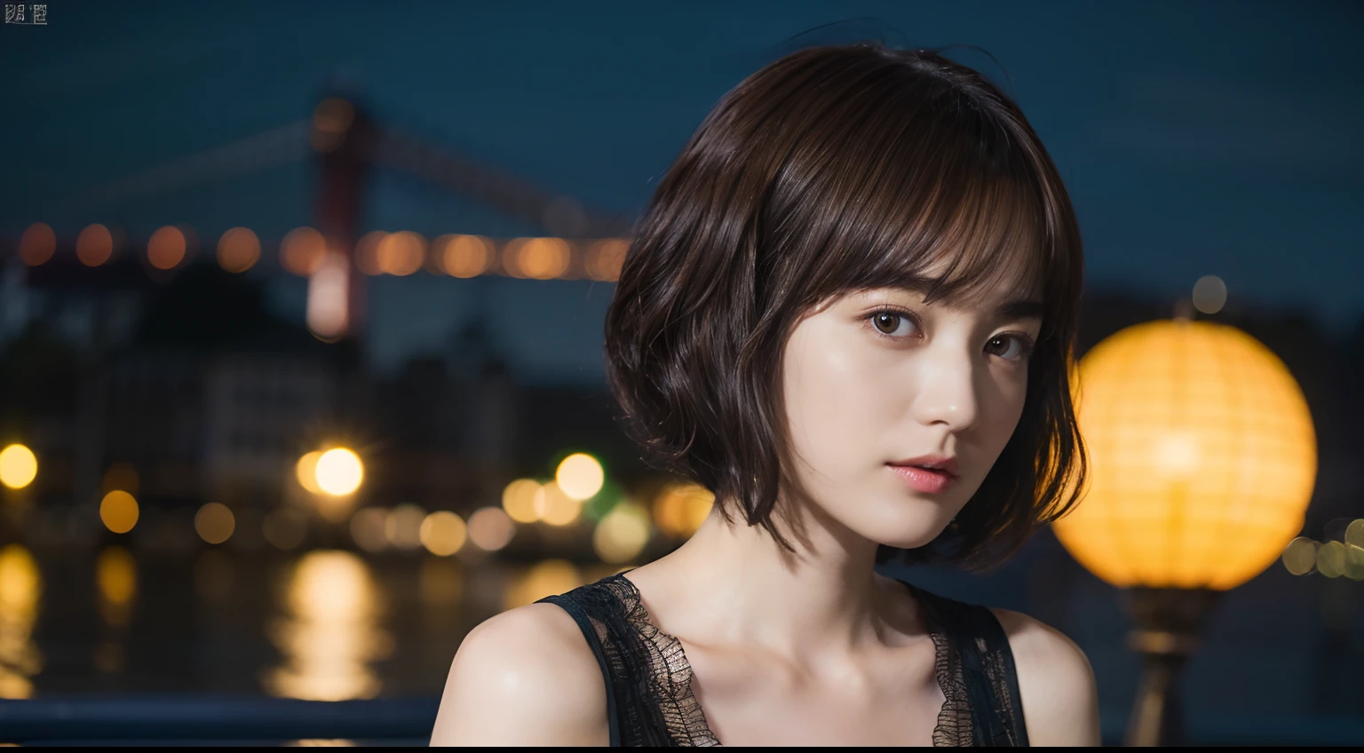 41
(Airy wavy short bob cut:1.23), (a 25yo woman), (A hyper-realistic), (Masterpiece), (8KUHD), Being in the harbor at night, medium chest