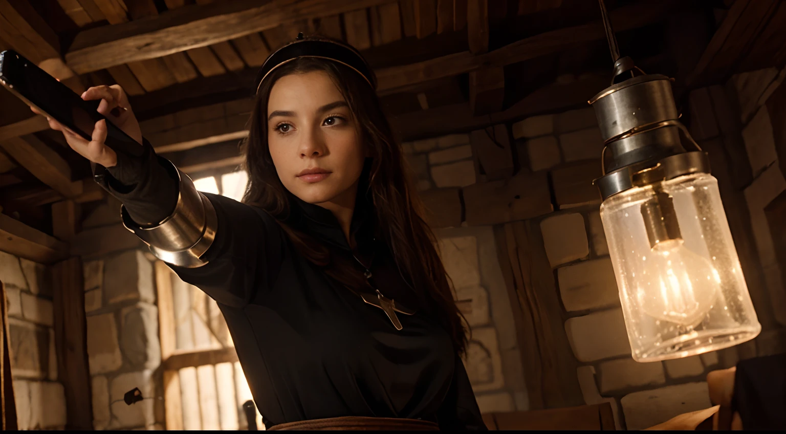 exclusively the first person point of view, only a hand appears holding a cell phone, in a medieval setting