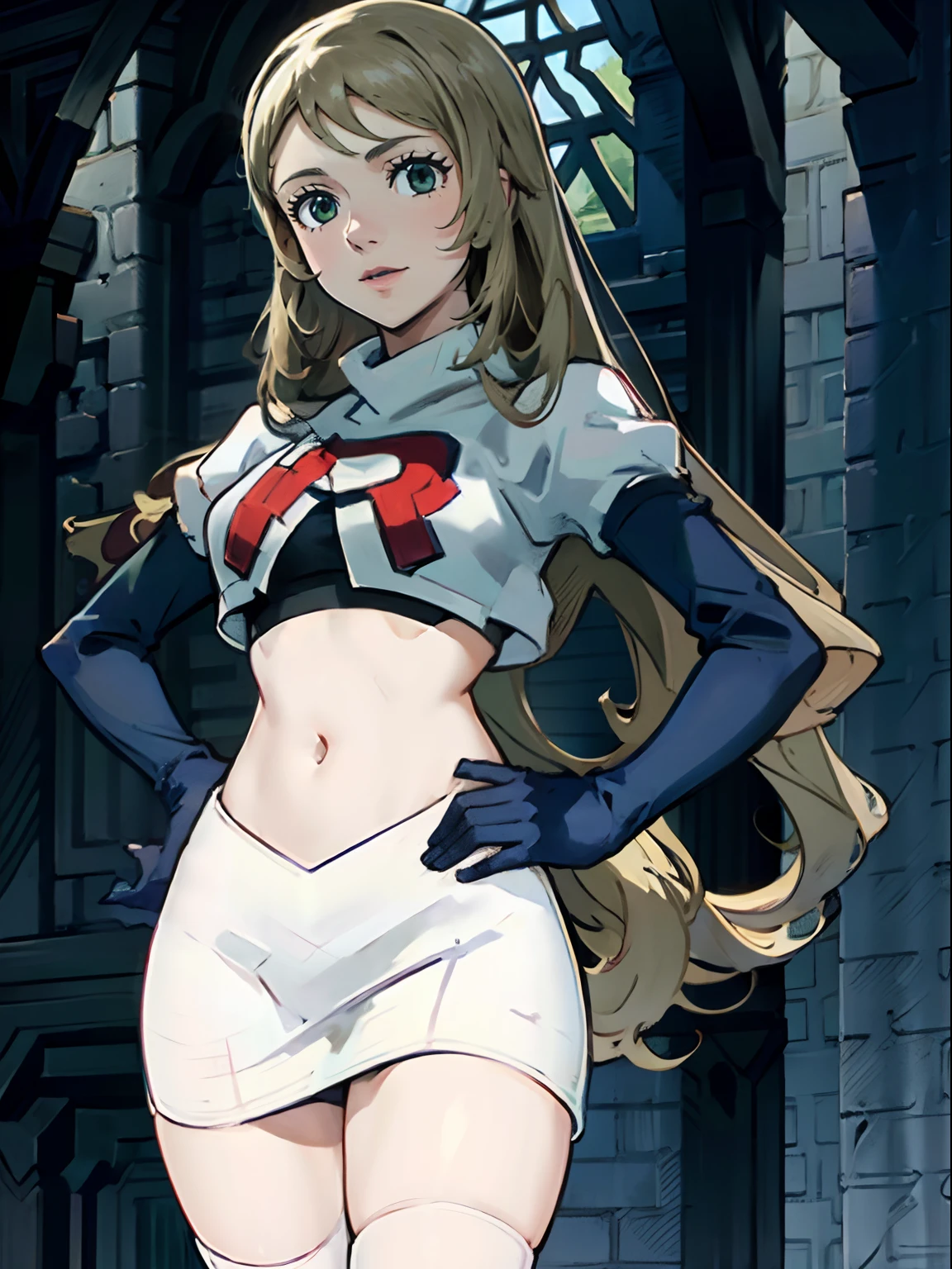 face of Celine (Fire Emblem), 1girl,team rocket,team rocket uniform, red letter R, white skirt,white crop top,black thigh-highs,black elbow gloves, looking down on you , one hand on hip