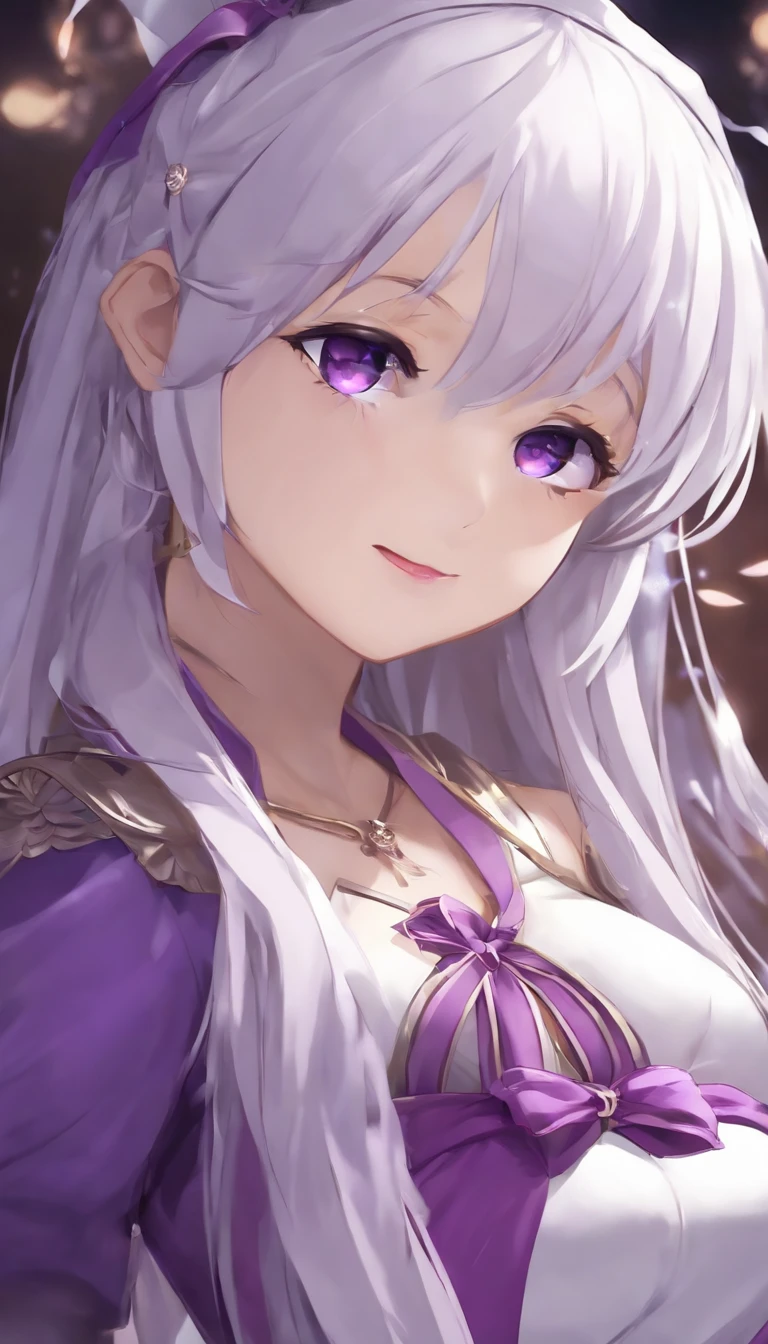 ((Cute loli)), ((purple eyes)), (Long hair), ((white hair)), (((straight hair))), hair between eyes, ((Purple hair ribbon)), flat chest, (Purple Miko), white kneehighs, aroused, fang, (victory pose), looking at the viewer, big smile, (masutepiece:1.2), Best Quality, High resolution, Unity 8k wallpaper, (Illustration:0.8), (Beautiful detailed eyes:1.6), extra detailed face, Perfect Lighting, anime style, focused on face