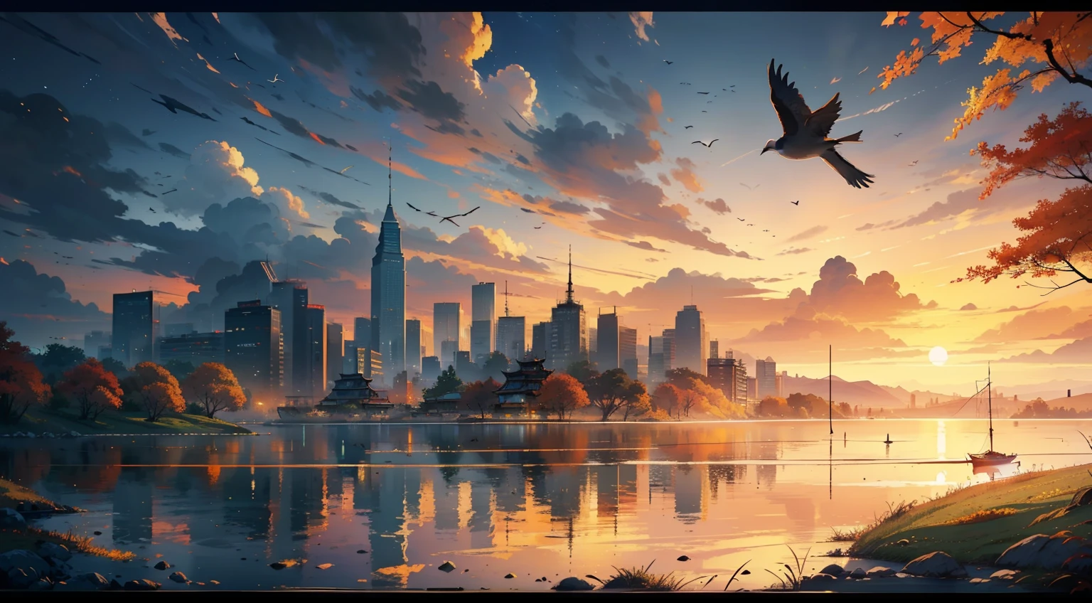 Autumn sunsets are breathtakingly beautiful(Sunset landscape painting),((The view is a huge sunset over the skyline)),(Connected to the lake),((Flying birds)),((Several ships)),Autumn tones,(Chinese ink wash painting style),(masutepiece),(Very detailed image description),(8k wallpaper),(masterpaintings),(Noticeable light and shadow effects),(Ray traching),(Obvious layers),(depth of fields),(best qualtiy),Ray-Ban
