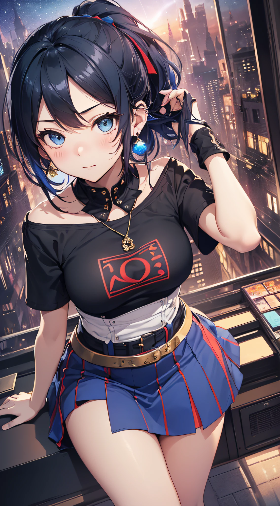 top-quality、Top image quality、​masterpiece、girl with((cute little、18year old、Best Bust、Medium bust、Bust 85,Beautiful blue eyes、Breasts wide open,Black Short Sleeve T-Shirt、White see-through、Black short skirt、Ponytail with black hair、Beautiful blue earrings、A slender、Blue hair mesh、、Leaning forward、Poses that emphasize breasts、Drunk、Being drunk、close to viewer、Kamimei、From  above、Shy face、dye one's cheeks red、POV POV Perspective、Zero distance to the viewer、hug)）hiquality、Beautiful Art、Background with((Red and blue lighting、Planetarium Town、Beautiful starry sky、Illumination Town)),masutepiece、Elaborate design、visualart、depth of fields、The best lighting、highestdetailed、8ｋ