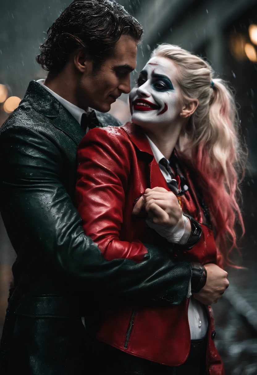 couple portrait photo from a joker hugged pretty harley quinn from behind, joker paint on the face, joker style, harley quinn suit, rain day, wet, looking camera, dynamic romantic poses, dramatic couple portrait photography, urban wall graffiti background, detailed face and eyes, perfect anatomy, perfect finger, lots of detail, higly detailed, cinematic lighting, movie scenes, trending movie color style, realistic photography, ultra realistic, masterpiece, dynamic composition, dynamic mid shot, very wide view, nvidia rtx