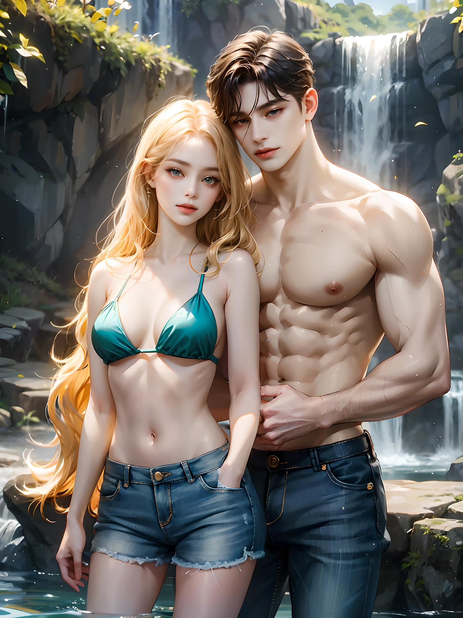 The couple is inside the water. The girl has shorts. The boy has jeans.