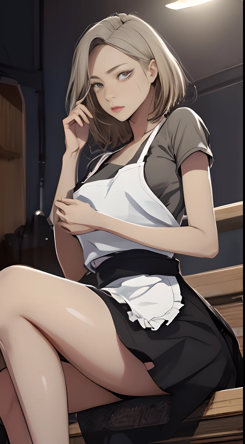 ((top-quality、8k、​masterpiece:1.3))、1 beautiful Japan girls、Beautiful woman with slender abs:1.3、(medium short hair、huge tit:1.2)、(White naked apron:1.3)、hyperdetailed face、A detailed eye、二重まぶた、Kitchen background、Slouched、Put your hands on your knees、(Cinematic Digital Artwork: 1.3), High quality, masutepiece, of the highest quality, Super Detail, Illustration, [4K Digital Art]、 lndswgnr, (Sharp Focus: 1.5), (Moody lighting:1.2), depth of fields, Bokeh, 4K 、(masutepiece:1.3), High resolution, ultra-detailliert, the Extremely Detailed CG Unity 8K Wallpapers, Realistic, Photorealsitic, Raw photo, beautifull detailed face, pale skin, realistic glistening skin, Detailed Cloth Texture, detailed hair texture, Perfect body, Beautiful face, acurate, Anatomically correct, Highly detailed face and skin texture, Natural neck length, (Beautiful hands), (Fair skin:1.2), thin legs, Thin feet, Detailed people、A detailed face、细致背景、