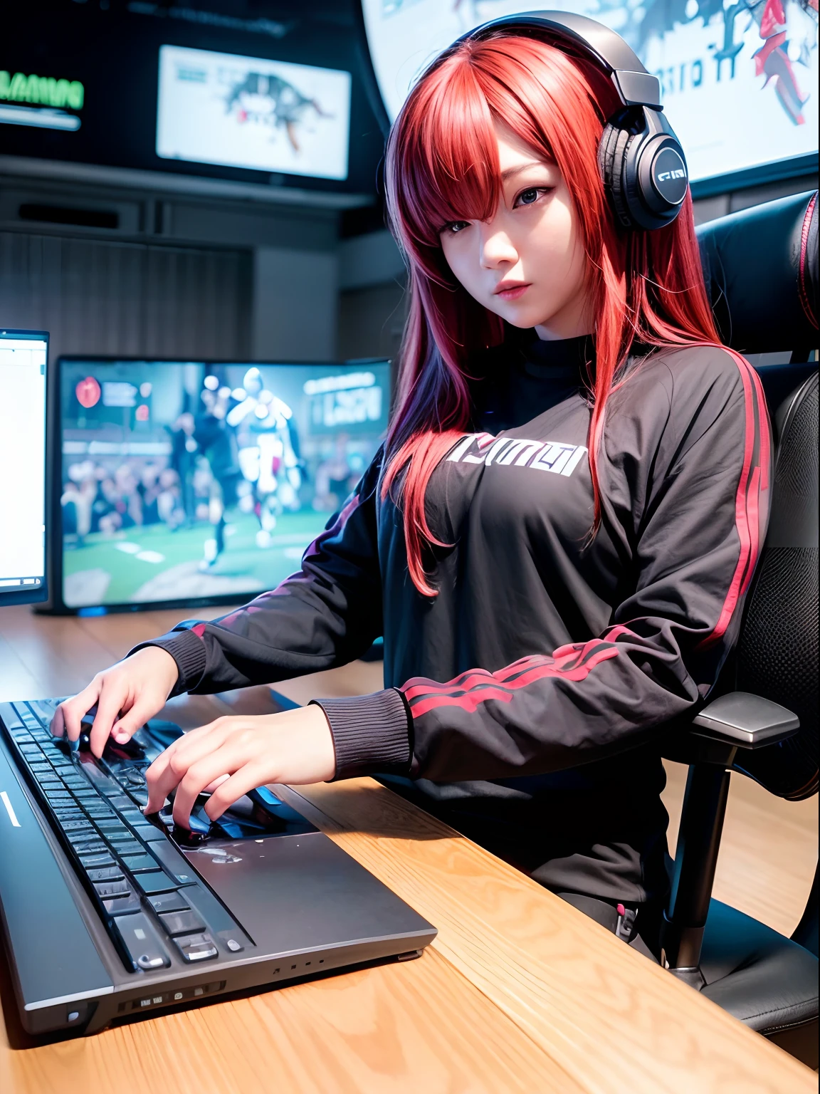 (high quality,4k,8k,highres,masterpiece:1.2),ultra-detailed,realistic,red hair,gaming setup,headphones,gamer girl,eye-catching background,vibrant colors,studio lighting,lively atmosphere,languages:english,computer screen,keyboard and mouse,enjoying video games,reaction cam,streaming live,immersive gaming experience,comfortable chair,e-sports tournament,competitive gaming,focused expression,professional setup,excitement,passion,online community,social interaction,game controller,interactive gameplay,multiplayer experience,intense gaming session,skilled player,engaging storyline,adrenaline rush,memorable moments,high scores,achievement unlocked,multi-monitor setup,RGB lighting,aesthetically pleasing aesthetics