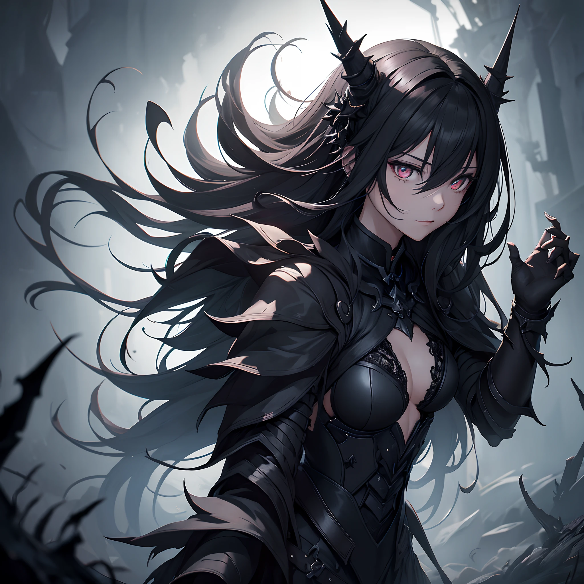 Realistic background depiction、Professional quality、masterpiece、Black darkness flows out of the cracks in the sky、black backgrounds、Black color、Fill in the area.、Black fog、A world where light does not reach、Solo、Skeleton of broken armor、Skeleton eyes illuminate red madness、Background depiction Countless black spikes Countless shadows of jet-black resentment are roaming、Dark imagery、Dark Fantasy、Realistic texture、Ripples of Darkness
