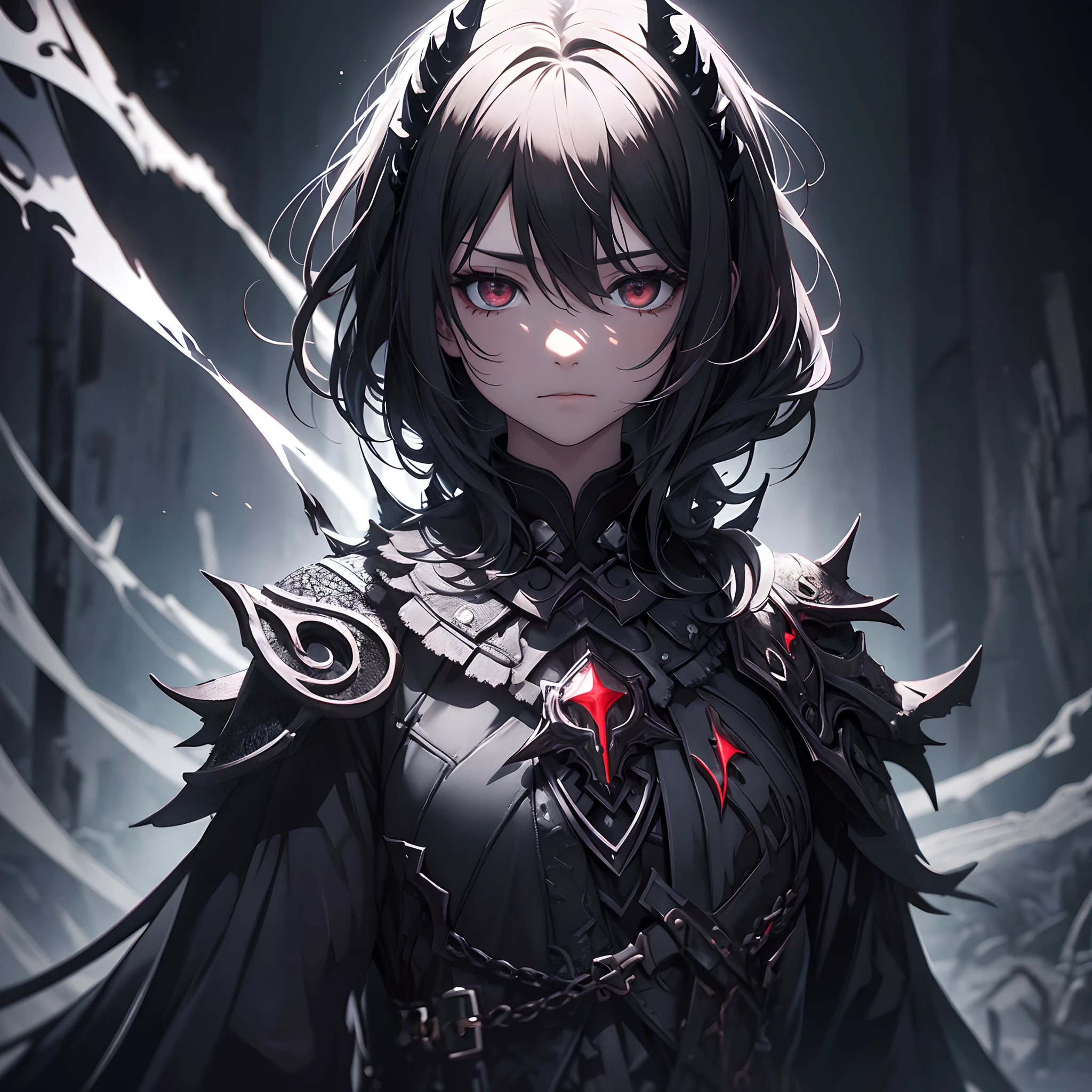 Realistic background depiction、Professional quality、masterpiece、Black darkness flows out of the cracks in the sky、black backgrounds、Black color、Fill in the area.、Black fog、A world where light does not reach、Solo、Skeleton of broken armor、Skeleton eyes illuminate red madness、Background depiction Countless black spikes Countless shadows of jet-black resentment are roaming、Dark imagery、Dark Fantasy、Realistic texture、Ripples of Darkness