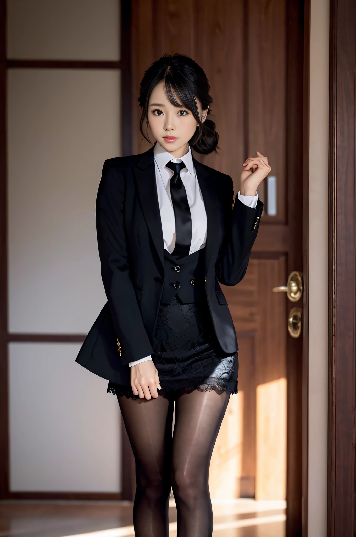 黒人、黒い肌、1 woman, ada wong, 黒いビキニ、サウナの中skirt suit, (((three-piece suit))), necktie, blazer, (((suit jacket))), (((waistcoat))), double-breasted waistcoat, bodycon miniskirt, pencil skirt, tie clip, pocket square, pocket watch, pantyhose, high heels, makeup, lipstick