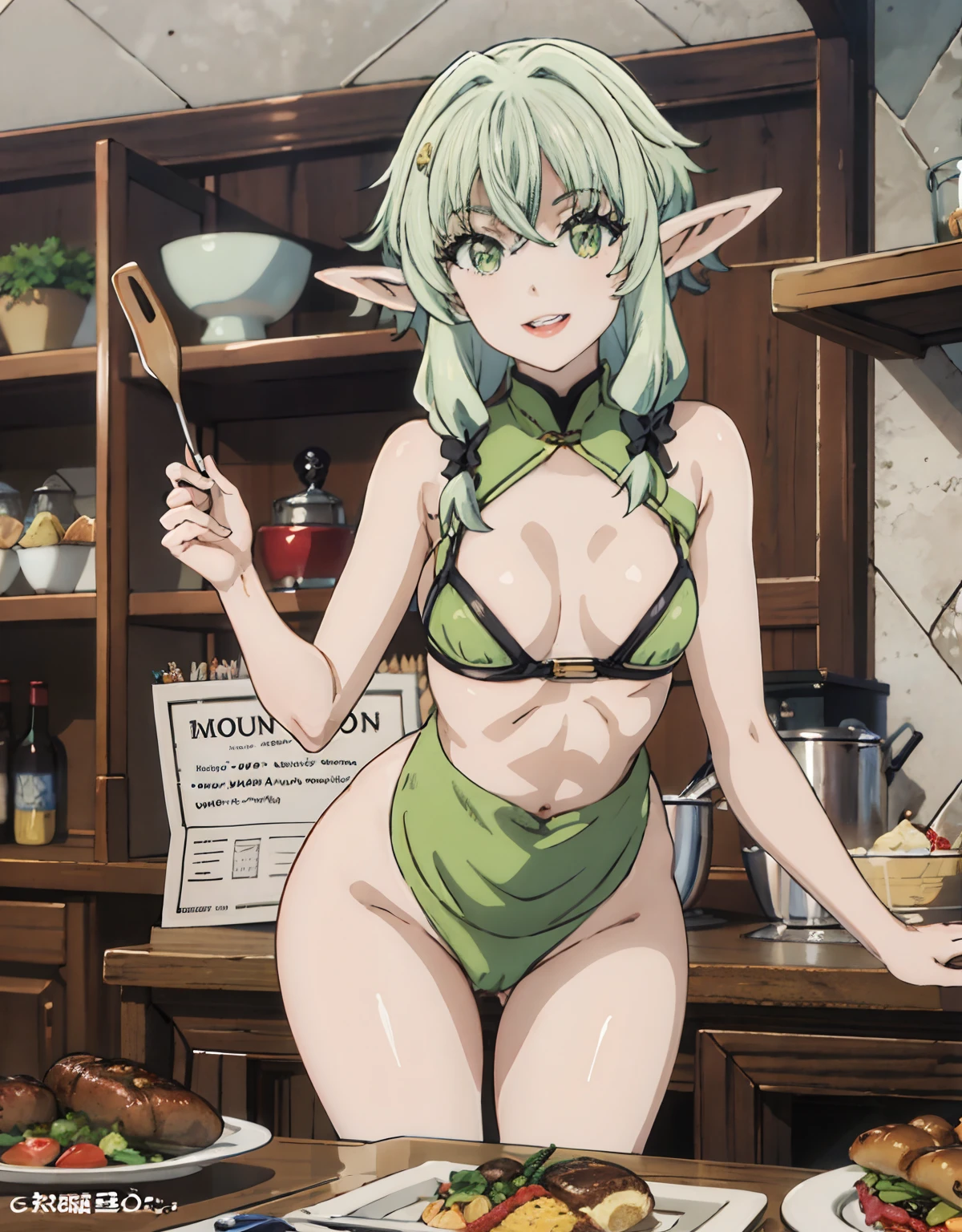 (Best Quality, Masterpiece),sexy mommy, Front cover of a women's cooking magazine, , naked, erotic, 18+, nsfw, 1girl, 30 years old, stunning, cute, heartwarming smile, hourglass figure, super mini bikini, pinny apron, beautiful food, text, diagrams, advertisements, magazine title, short green hair, green eyes, elf ears